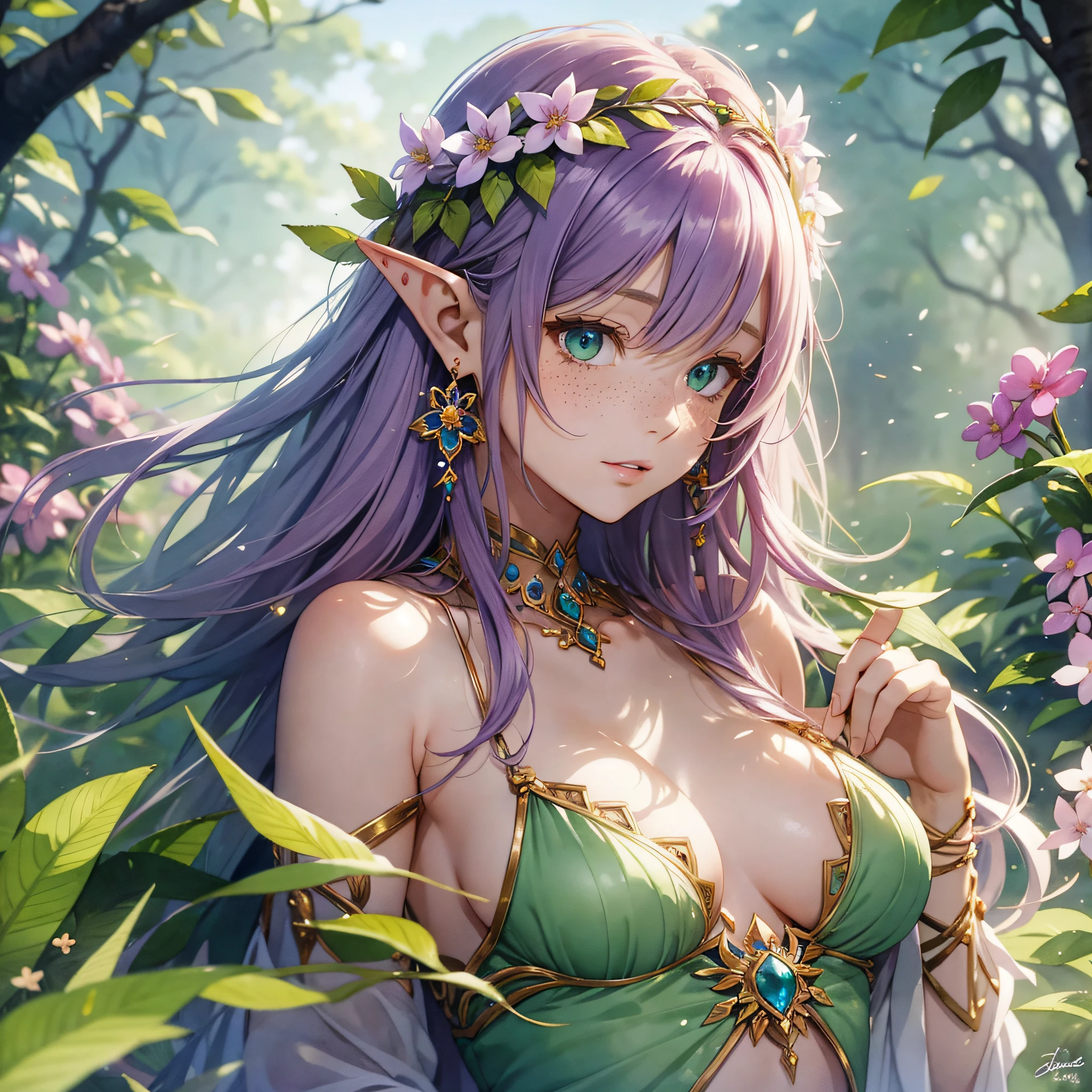 (watercolor: 1.2), elf princess, lilac flower, freckles, bangs, redhead, long hair, green eyes, hair between eyes, earrings, blurred background, high resolution, beautiful breasts, medium chest --auto --s2