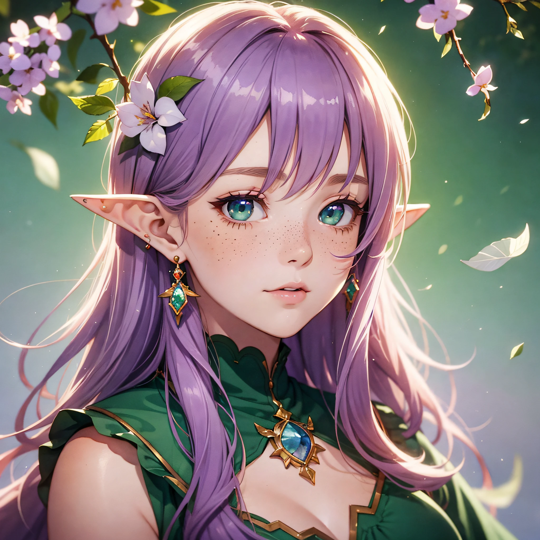 (watercolor: 1.2), elf princess, lilac flower, freckles, bangs, redhead, long hair, green eyes, hair between eyes, earrings, blurred background, high resolution, beautiful breasts, medium chest --auto --s2