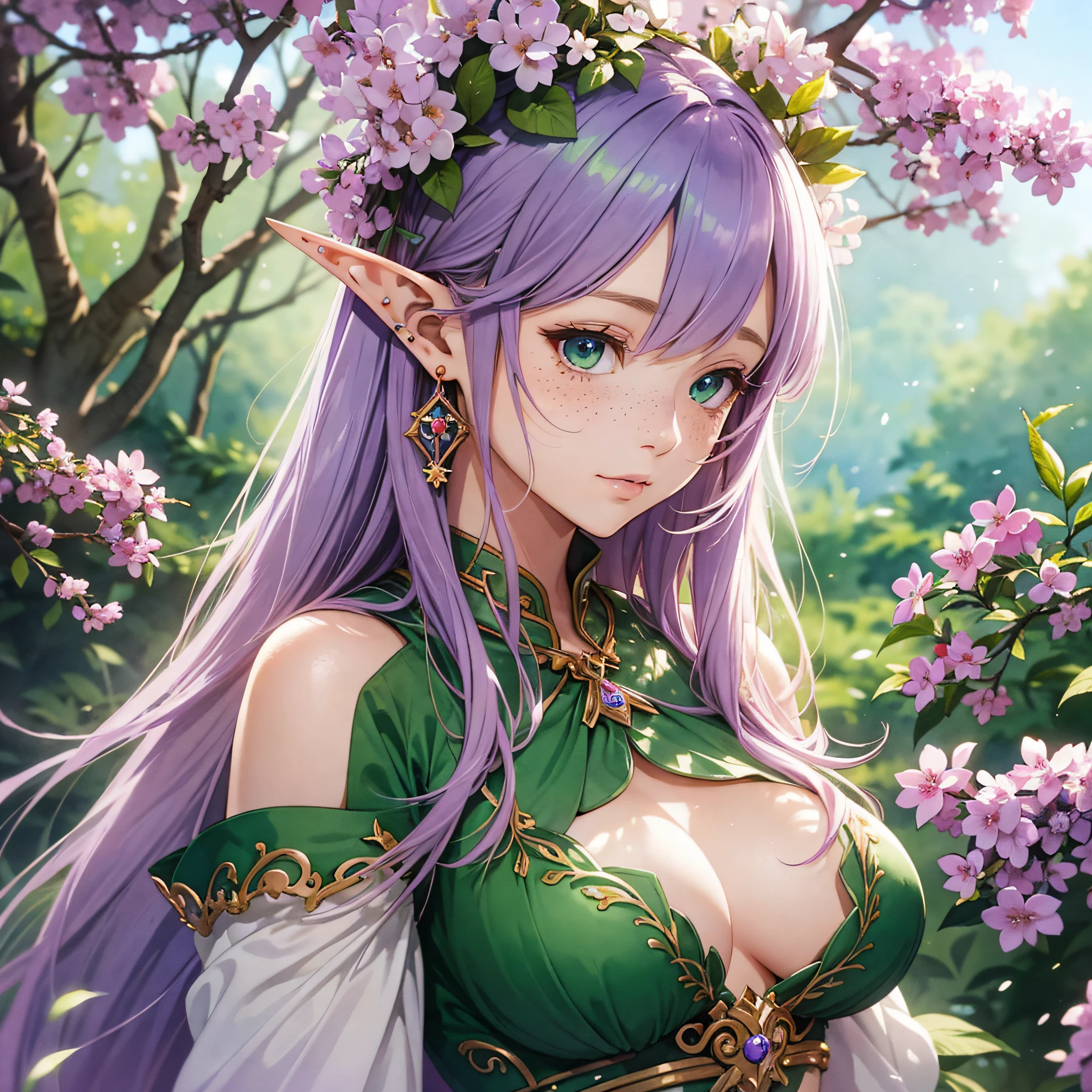 (watercolor: 1.2), elf princess, lilac flower, freckles, bangs, redhead, long hair, green eyes, hair between eyes, earrings, blurred background, high resolution, beautiful breasts, medium chest --auto --s2