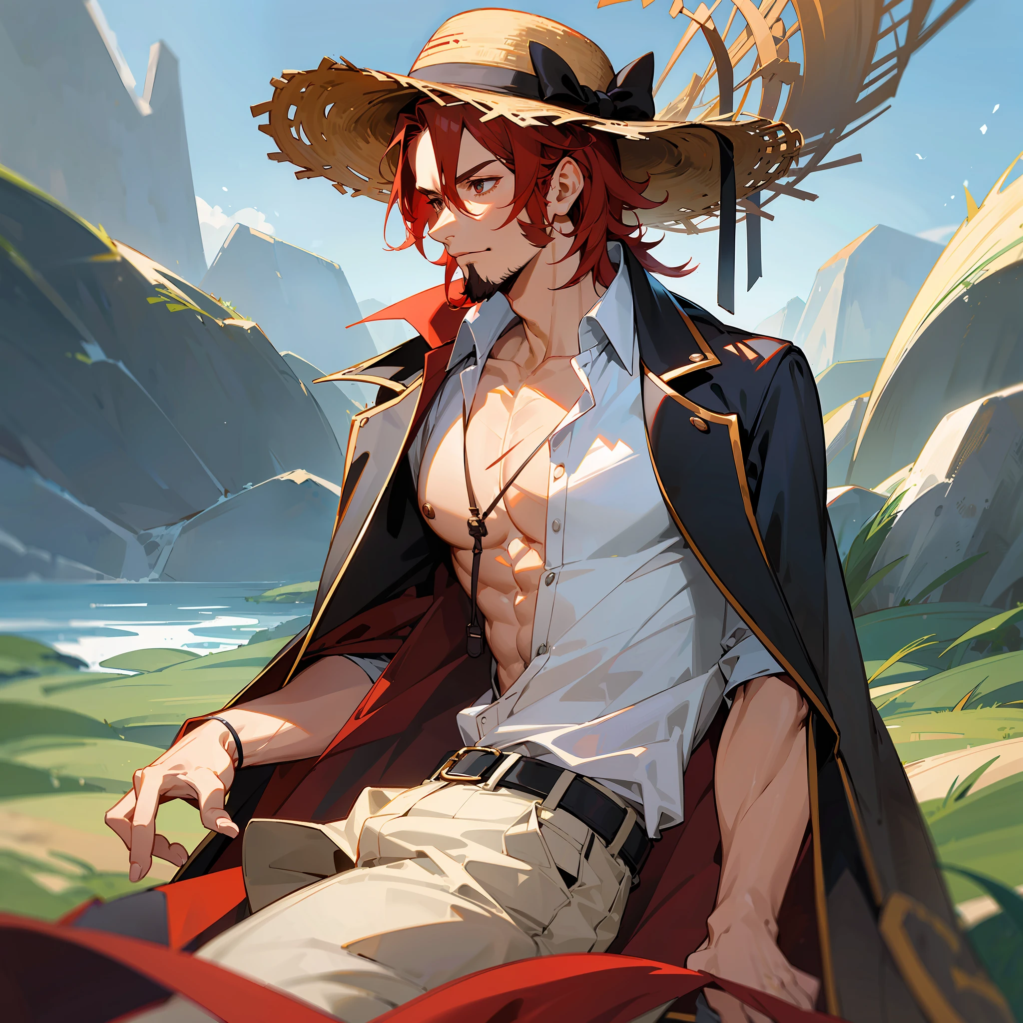 (masterpiece, best quality),  intricate details,
 1boy, man, red hair, straw hat, Shnks, shanks \(one piece\),  scar on face, short hair, shirt,  white shirt, male focus, open clothes, collared shirt, pants, cape, coat, open shirt, facial hair, scar, sandals,  pectorals, partially unbuttoned, pectoral cleavage, coat on shoulders, nature, scenery, upper body, straw hat, --auto --s2