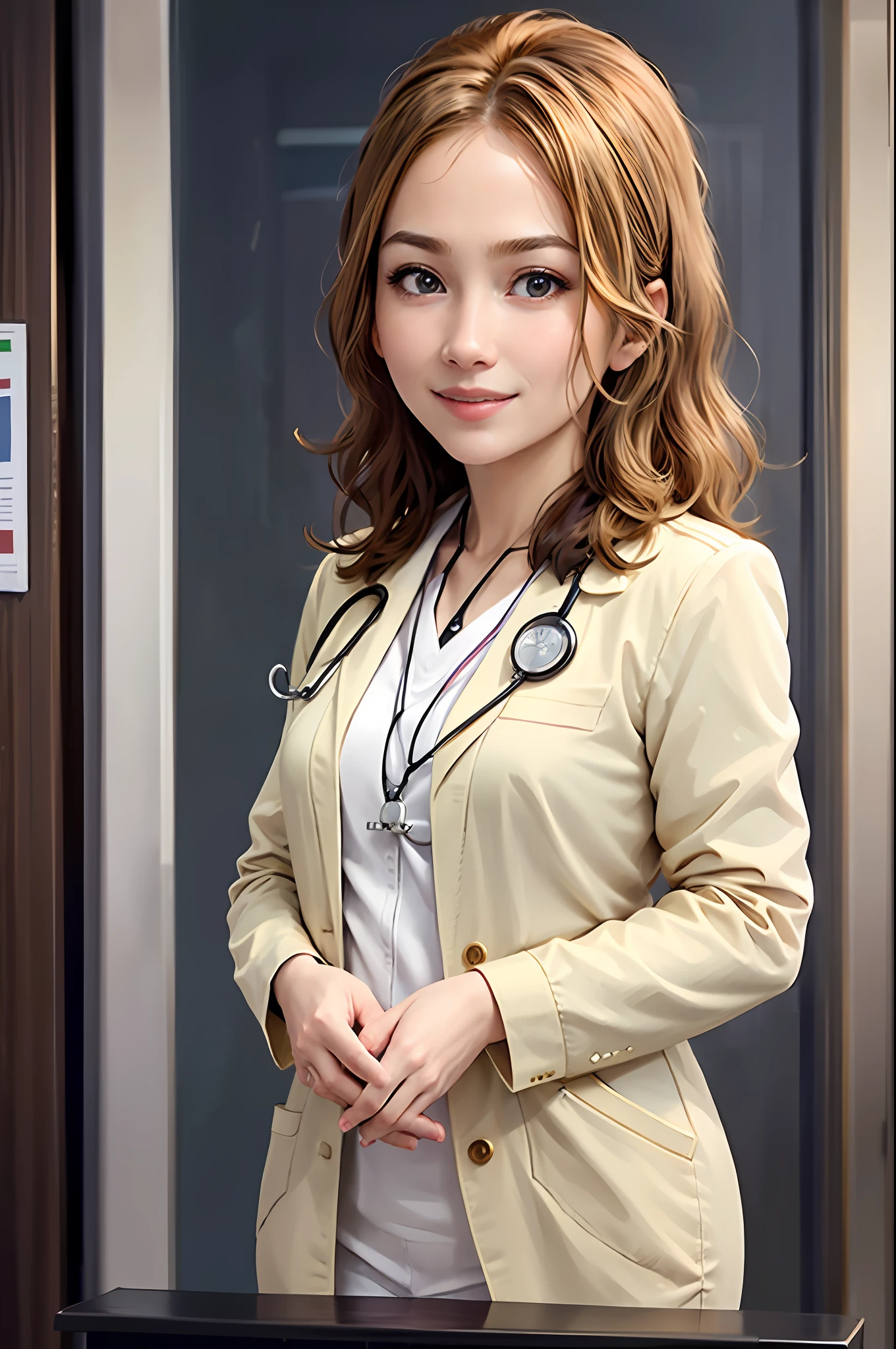 doctor's office, long blonde hair bangs, brown eyes, 1girl, doctor, Stethoscope on neck, smile, innocent, 100mm lens, (photorealistic, flare lens: 1.4), look right side, as doctor, uniform, (intricate details: 1.2), (masterpiece, :1.3), (best quality: 1.4), (ultra highres: 1.2), ultra high res, (detailed eyes), (detailed facial features), HDR, 8k resolution, (stethoscope), distant vision, reflections on the ground,  low cut open cloth