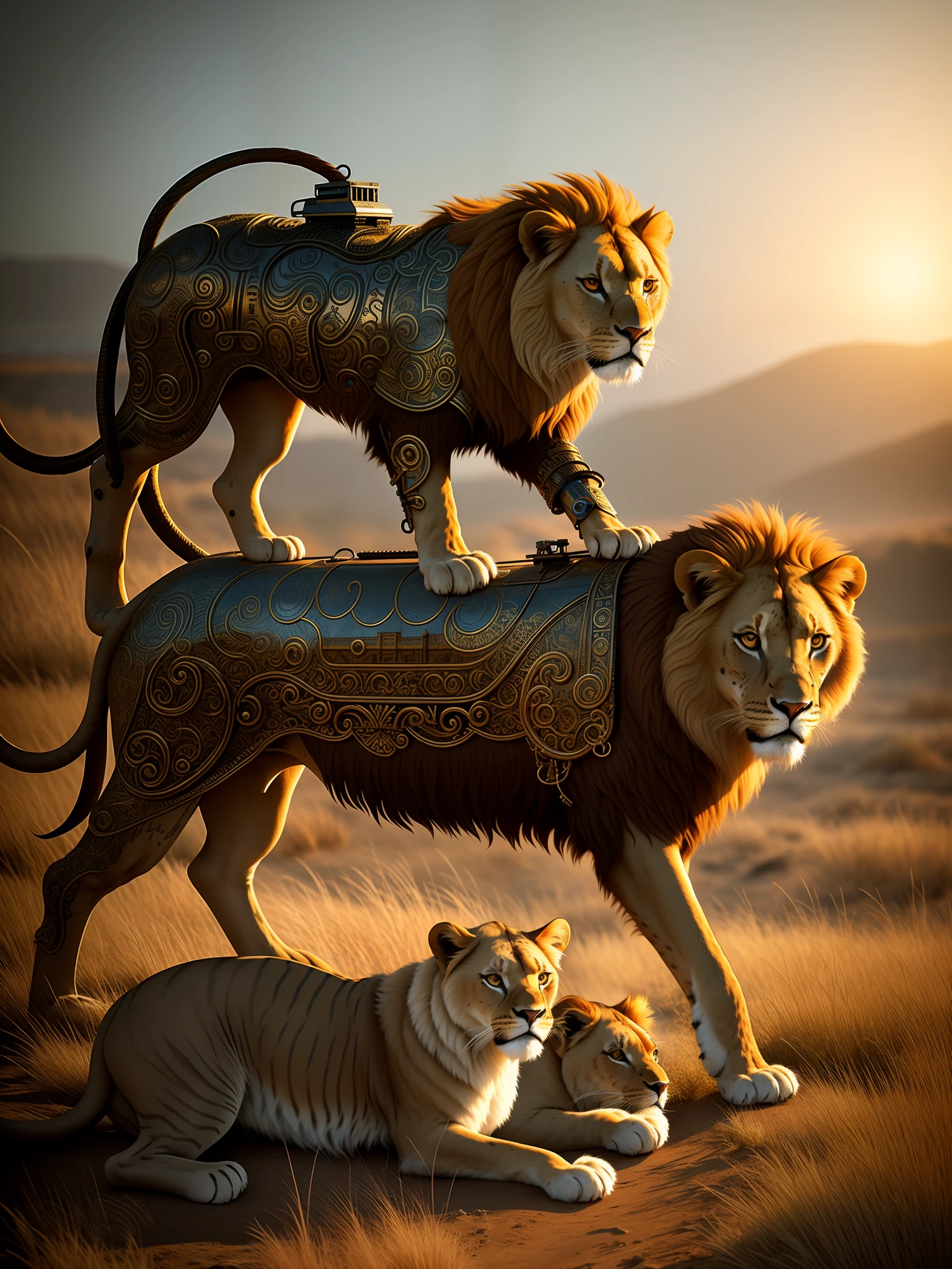 Boy with lions chasing him (cyborg:1.1), ([tail | detailed wire]:1.3), (intricate details), hdr, (intricate details, hyperdetailed:1.2), cinematic shot, vignette, centered