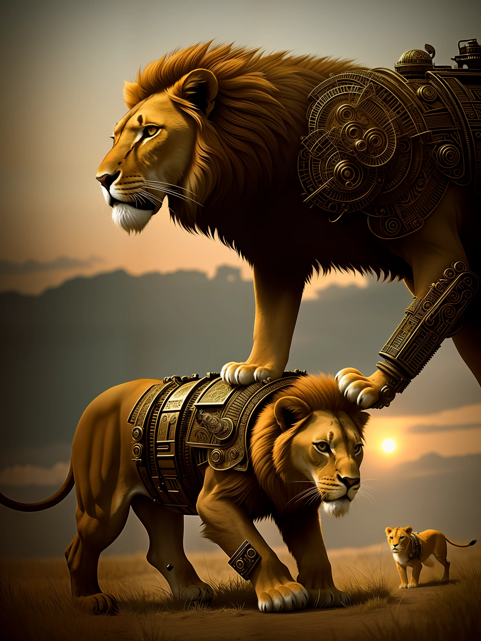 Boy with lions chasing him (cyborg:1.1), ([tail | detailed wire]:1.3), (intricate details), hdr, (intricate details, hyperdetailed:1.2), cinematic shot, vignette, centered