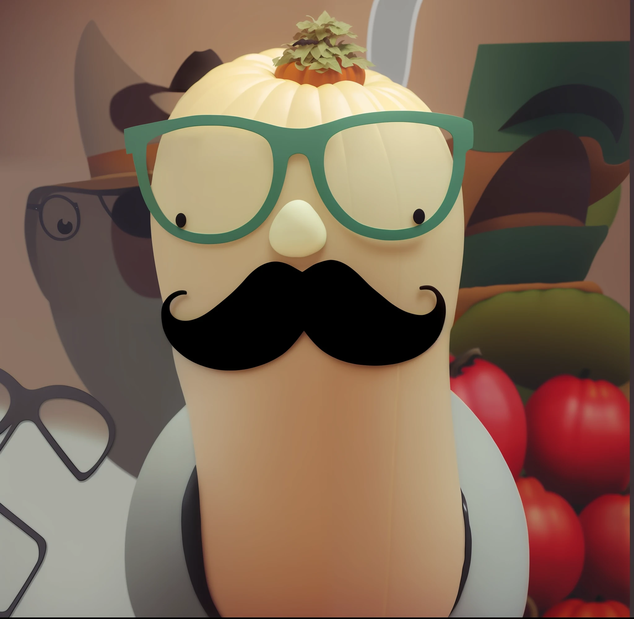 there is a large pumpkin with brown cowboy hat, mustache and glasses, anonymous as a sausage, gary oldman as a pear, big mustache, mustache, hipster dad, long and orange mustache, mustache inspired by Leo Leuppi, mustache, illustration!, mustache, huge mustache, spaghetti mustache, handlebar mustache, inspired by René Magritte, thick mustache