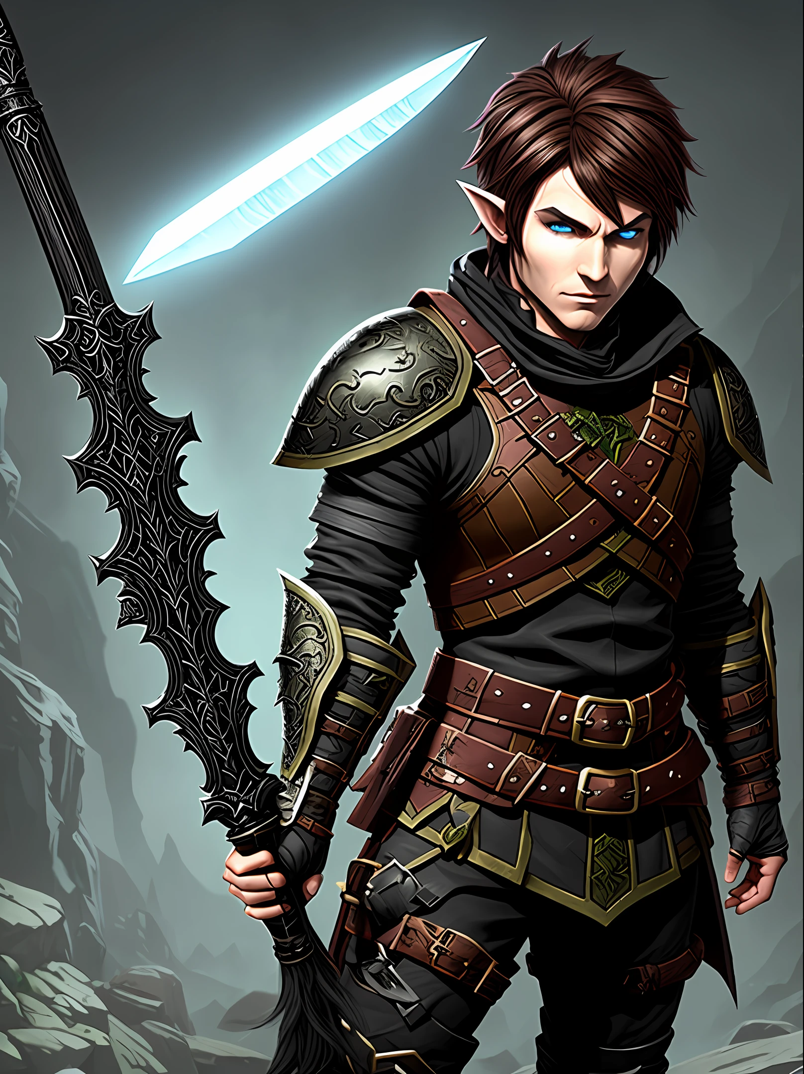Create a Dungeons and dragons character rogue elf, male, brown hair and eyes, with an inverted dagger masterpiece and black, using black gorgon leather armor, with an acid scar on the left side of the face