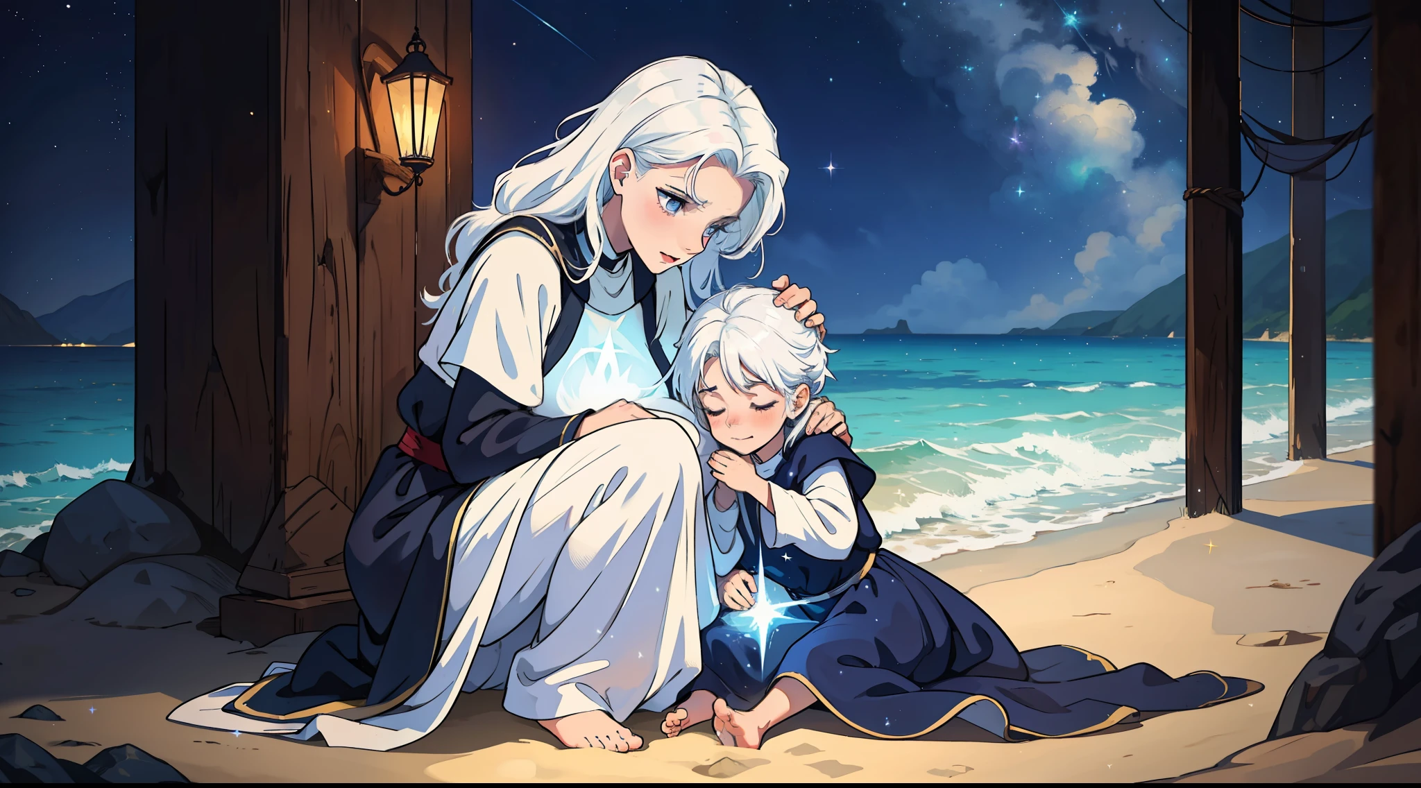 A mother hugging her child, a child on the ground on a beach on a medieval island, the two have white hair as their bodies emanate powerful magic and magical sparkles during the dark night.