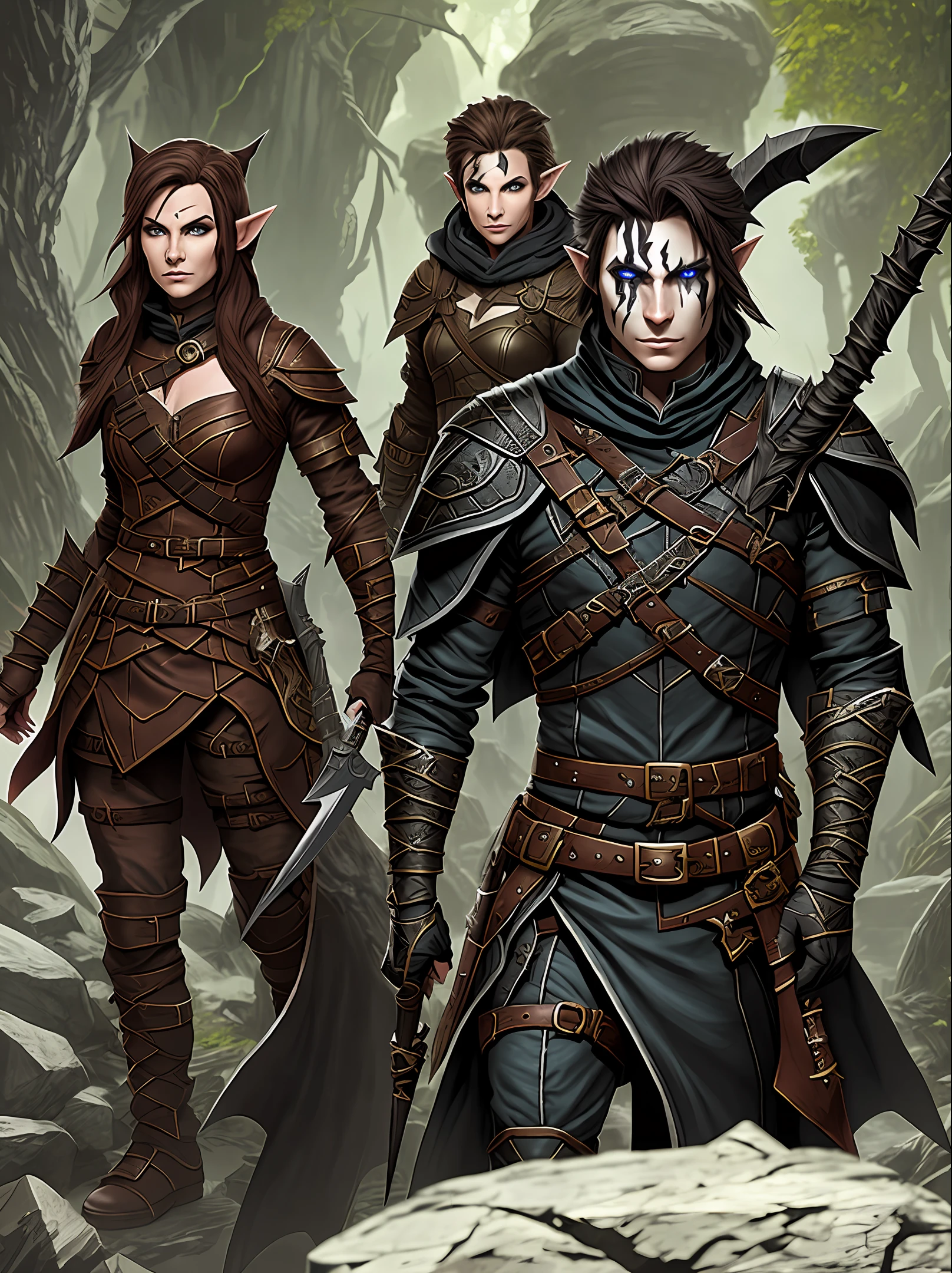 Create a Dungeons and dragons character rogue elf, male, brown hair and eyes, with an inverted dagger masterpiece and black, using black gorgon leather armor, with an acid scar on the left side of the face