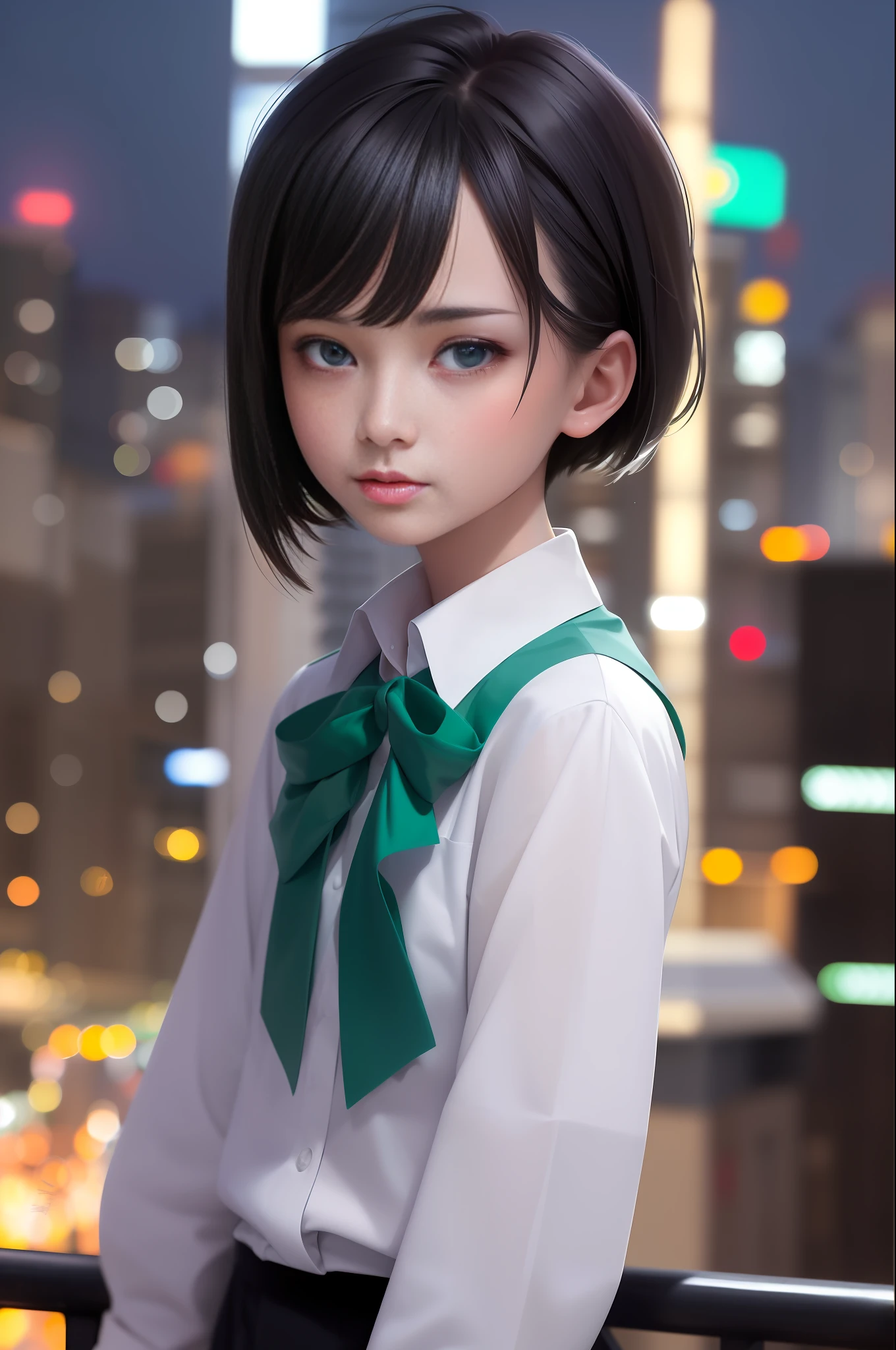 masterpiece, best image quality, black hair, blue eyes, looking up, upper body, thin transparent white shirt with collar, uniform, textured face, stiff stance, high school girl on the roof of a building, very detailed Japan city roof night view background, night view, standing with rooftop railing, overlooking the city, with PARCO sign of the next building in the background, shading, light awn, watercolor style, one high school girl surrounded by night view on the roof of the building, Pointed, ultra high definition face, perfect symmetrical face, detailed eyes, neat thin soft cloth green skirt, random hairstyle short hair, green ribbon tie, (8K, RAW, professional, top quality, masterpiece: 1.2), (realistic, photorealistic: 1.37), super detailed, (portrait), (highest detail skin: 1.2), ( Highest Detail Face: 1.2), Cinematic Lighting