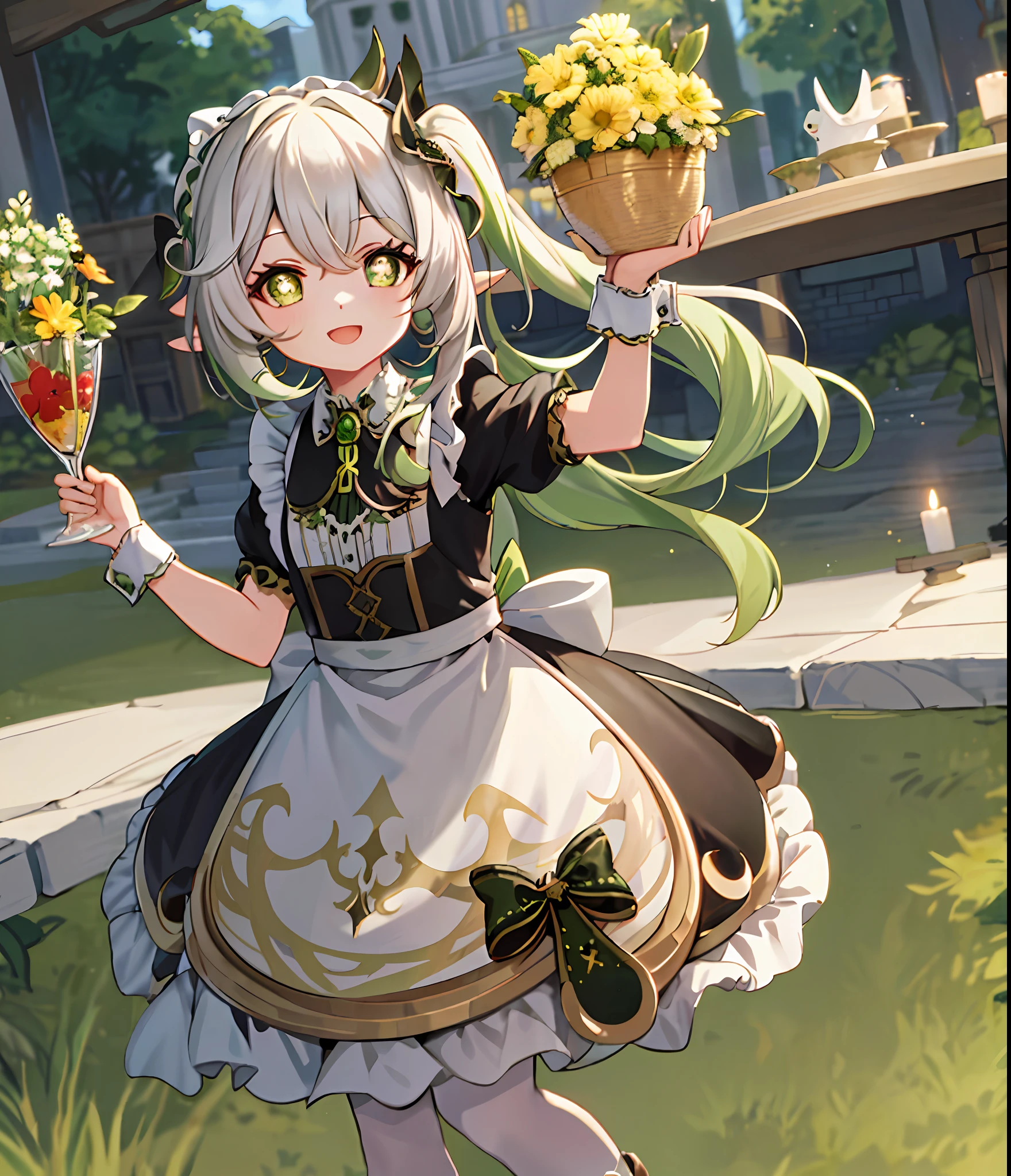 masterpiece, best quality, 1girl, solo, nahida_genshin, cross-shaped pupils, maid outfit, green cape, standing, maid dress, maid,