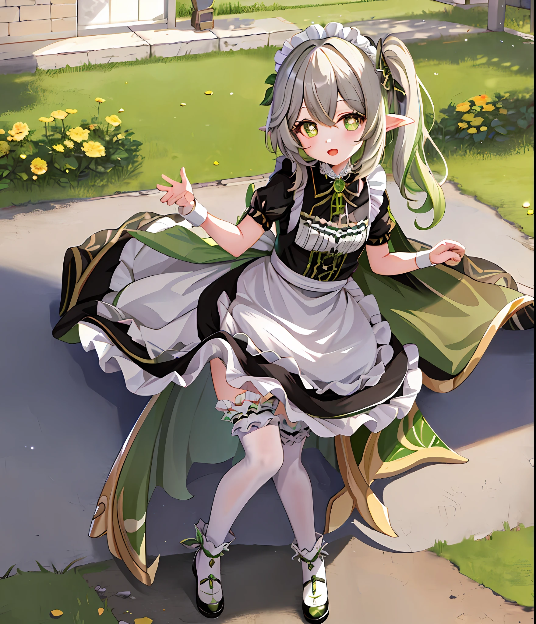 masterpiece, best quality, 1girl, solo, nahida_genshin, cross-shaped pupils, maid outfit, green cape, standing, maid dress, maid,