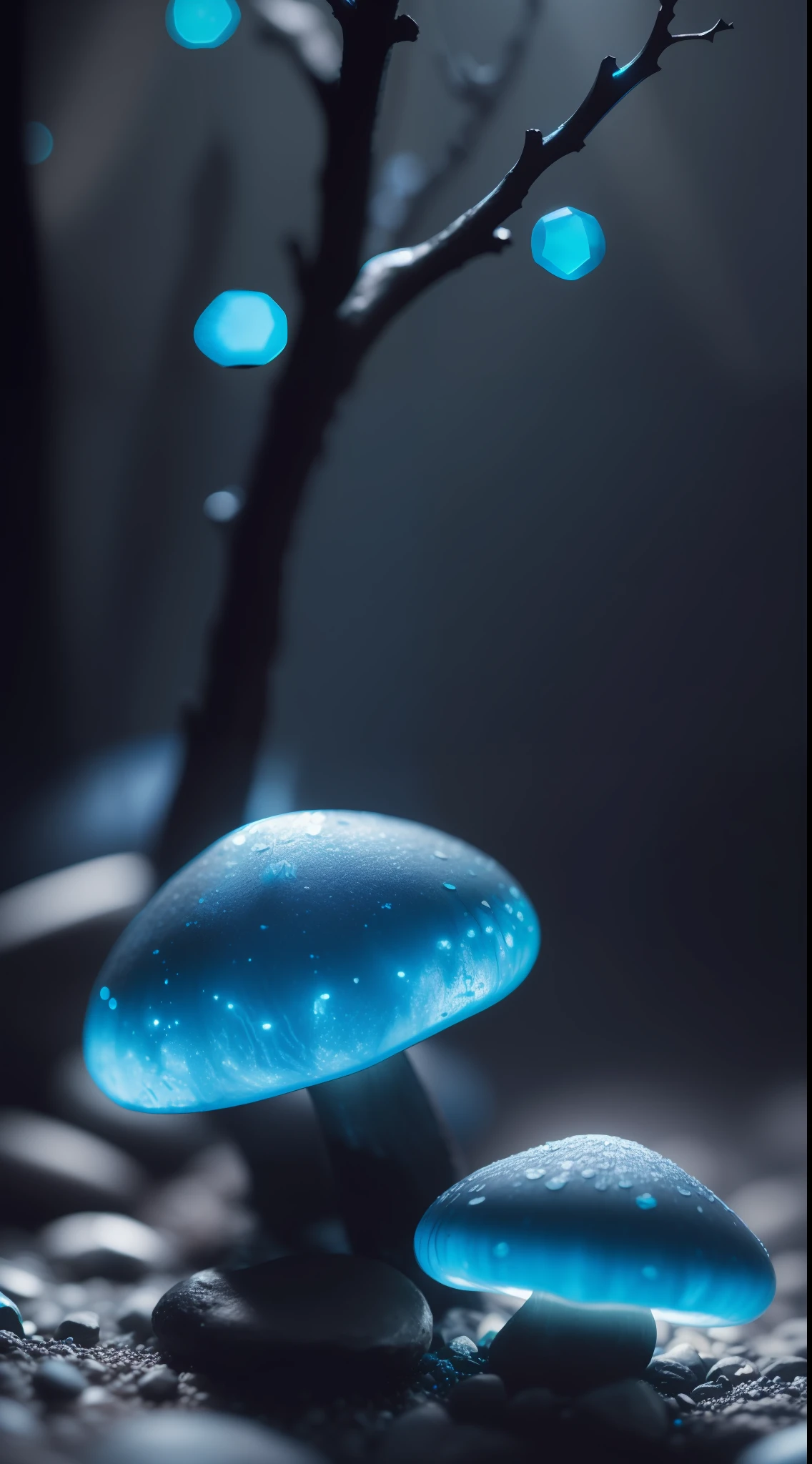 2 Blue mushrooms, shimmering neon blue lights, in a dark black forest with rocks and green moss, (((ultra realistic, detailed image, high resolution, sharp focus, 8k)))