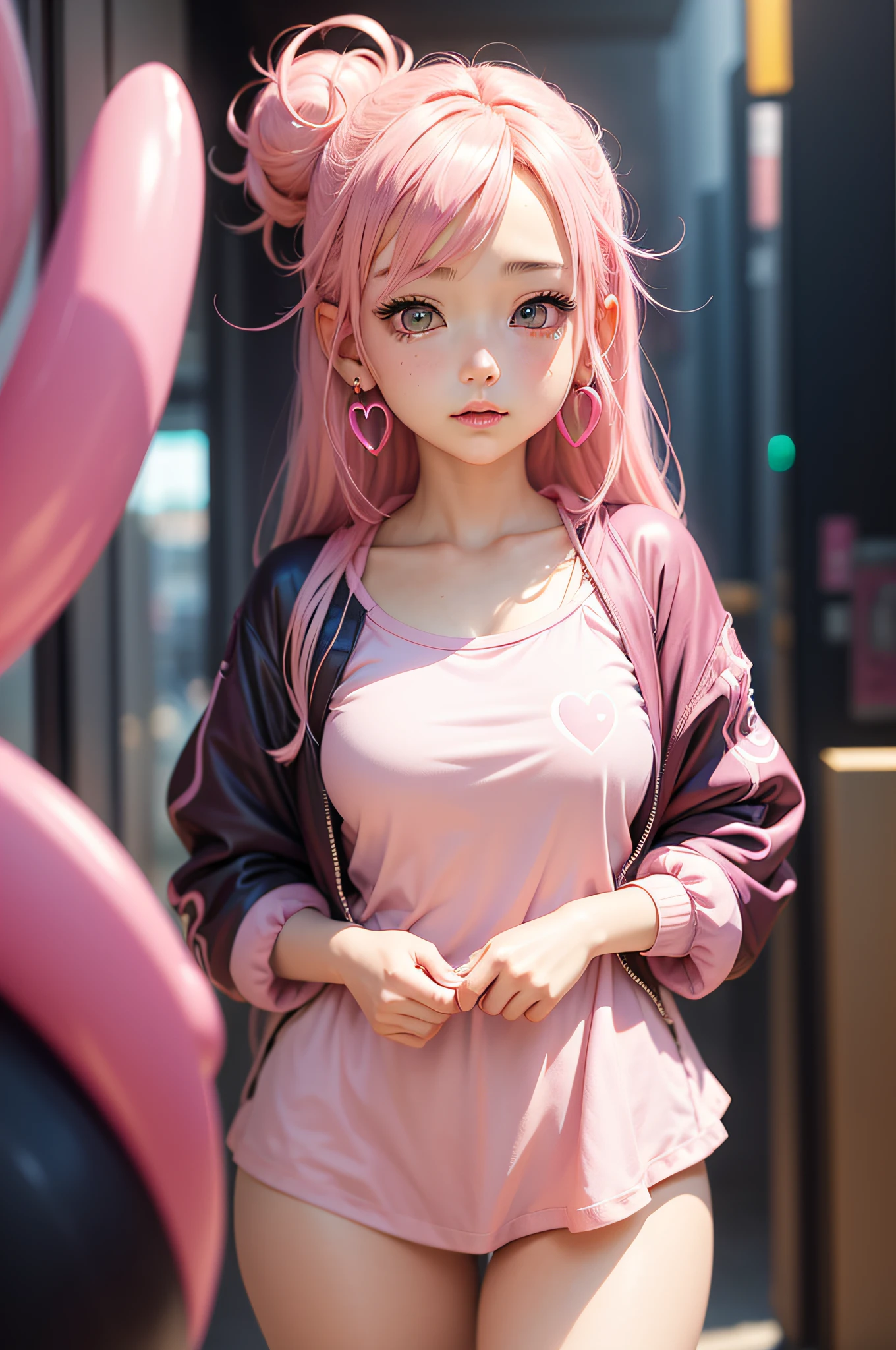 anime girl with pink hair and pink heart earrings, pink girl, anime vibes, glowing pink face, kawaii realistic portrait, anime aesthetic, cute anime girl portraits, beautiful anime art style, kawaii aesthetic, ((pink)), cute anime girl, beautiful anime portrait, beautiful anime style, beautiful pink little alien girl, anime girl, rossdraws pastel vibrant