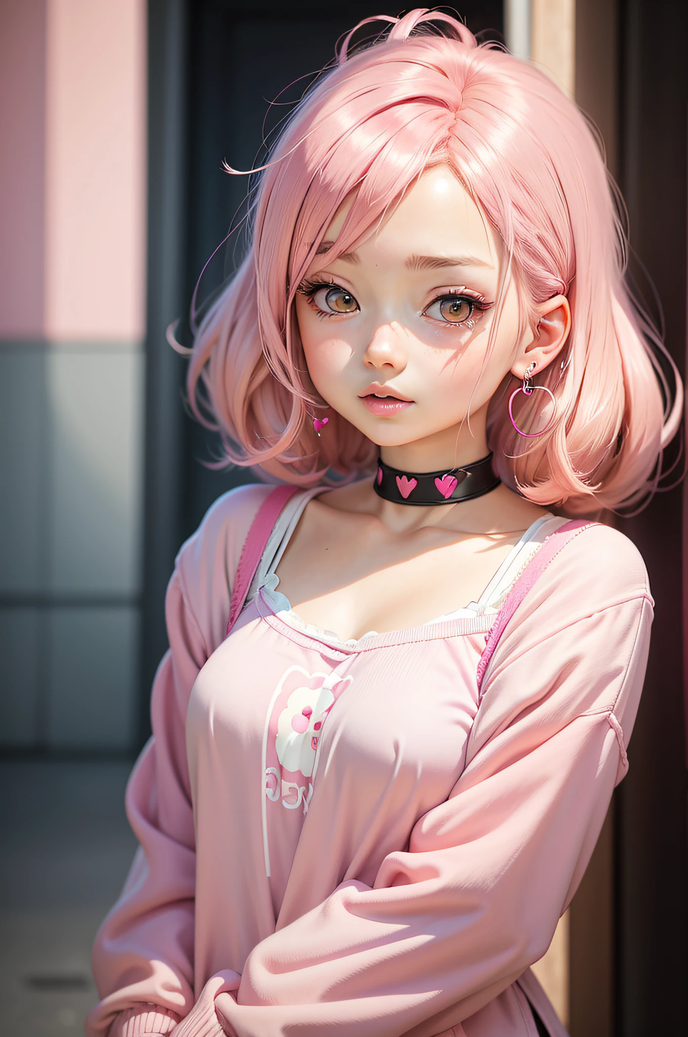 anime girl with pink hair and pink heart earrings, pink girl, anime vibes, glowing pink face, kawaii realistic portrait, anime aesthetic, cute anime girl portraits, beautiful anime art style, kawaii aesthetic, ((pink)), cute anime girl, beautiful anime portrait, beautiful anime style, beautiful pink little alien girl, anime girl, rossdraws pastel vibrant