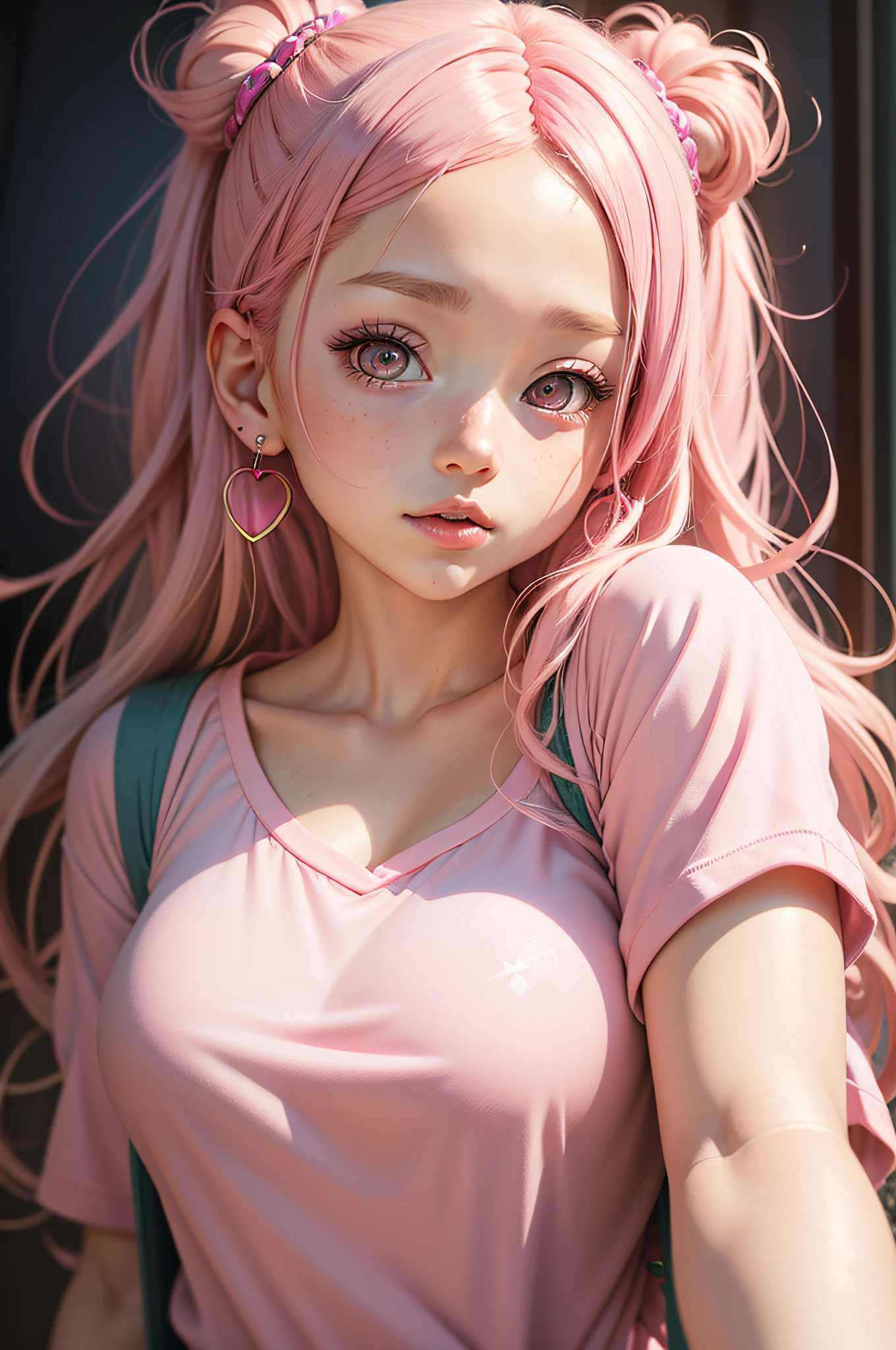 anime girl with pink hair and pink heart earrings, pink girl, anime vibes, glowing pink face, kawaii realistic portrait, anime aesthetic, cute anime girl portraits, beautiful anime art style, kawaii aesthetic, ((pink)), cute anime girl, beautiful anime portrait, beautiful anime style, beautiful pink little alien girl, anime girl, rossdraws pastel vibrant
