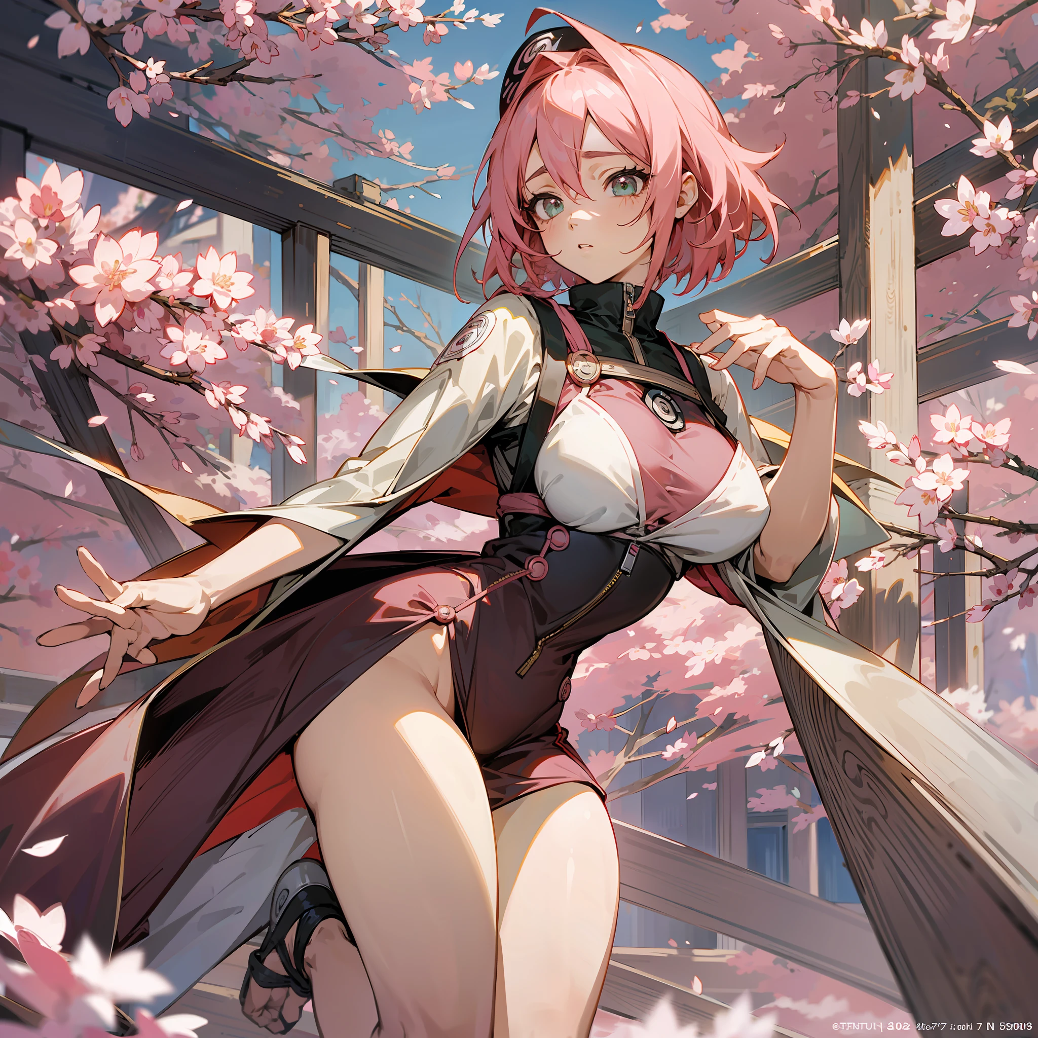 Anime, high resolution, 1 girl, 20 years or older, short straight hair, pink hair, anime, full body, dynamic pose, anime, sakura (( anime character naruto )), large detailed eyes of green color, large breasts, she is facing the audience, regatta cut tight to the body, regatta in pale red color, anime, sakura, large breasts, long legs,  camel fingers, sakura, anime, HD, masterpiece, best quality, high_resolution, finely detailed, extremely detailed and beautiful, distinct_image. --auto --s2