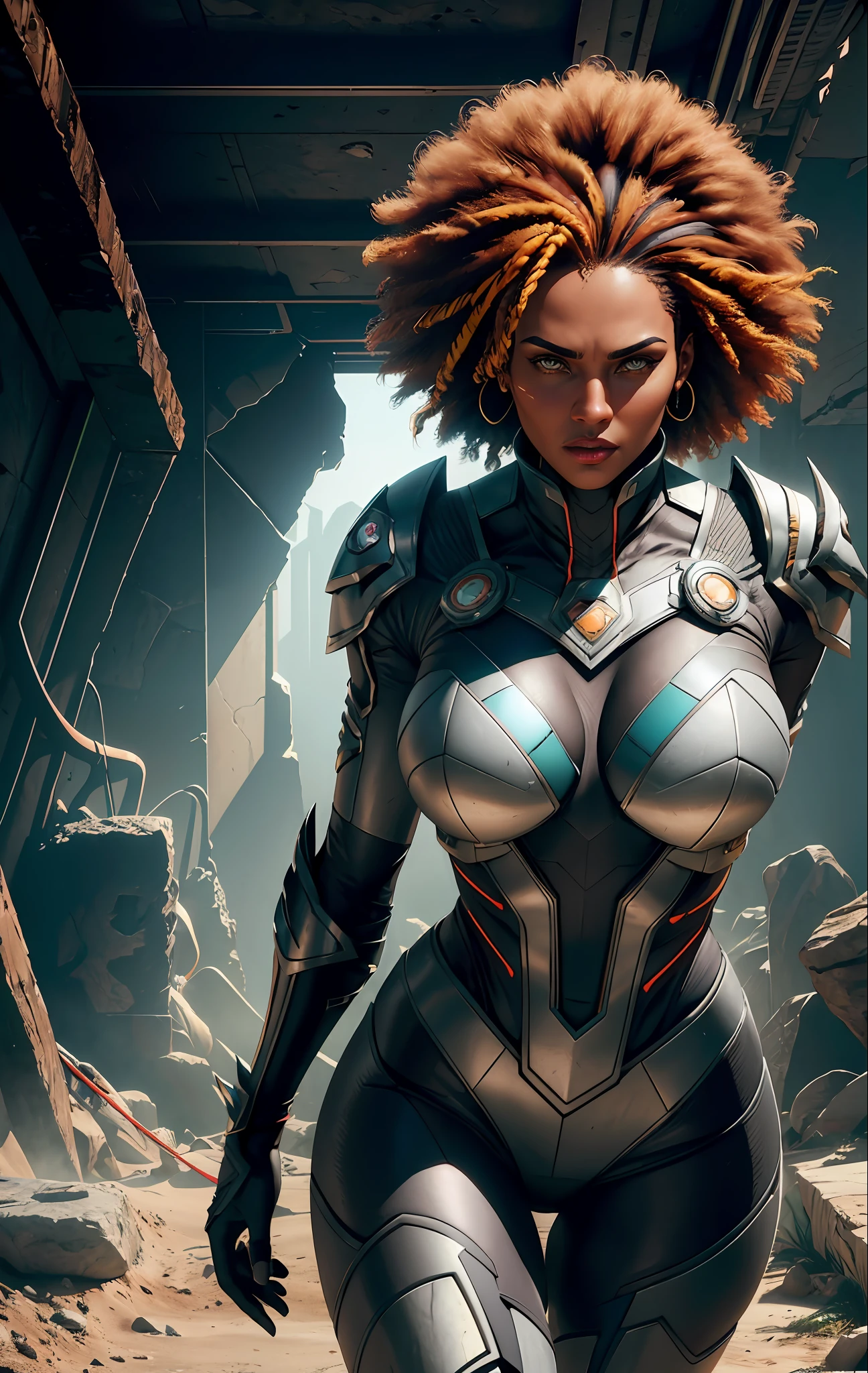 (comic style), (colored line art:1.5), ((Best quality)), ((masterpiece)), (detailed:1.4), 3D, an image of a beautiful post apocalyptic afro female villain,HDR (High Dynamic Range),Ray Tracing,NVIDIA RTX,Super-Resolution,Unreal 5,Subsurface scattering,PBR Texturing,Post-processing,Anisotropic Filtering,Depth-of-field,Maximum clarity and sharpness,Multi-layered textures,Albedo and Specular maps,Surface shading,Accurate simulation of light-material interaction,Perfect proportions,Octane Render,Two-tone lighting,Wide aperture,Low ISO,White balance,Rule of thirds,8K RAW, (realistic:1.3), (mature adult:1.5)