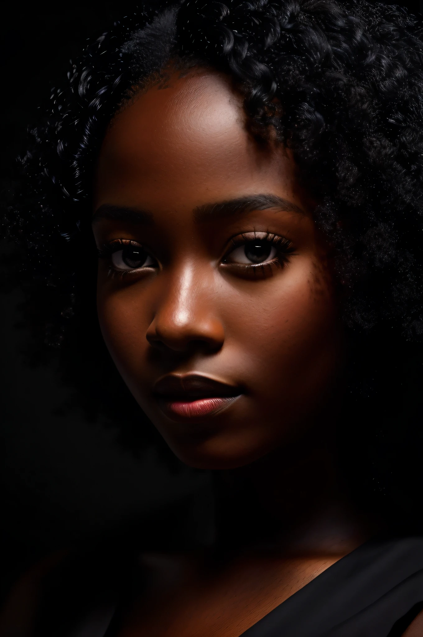 (8k, RAW photo, highest quality), beautiful young ebony girl, close up, dress, (detailed eyes:0.8), (looking at the camera:1.4), (highest quality), (best shadow), intricate details, interior, dark studio, muted colors, (to8contrast style),