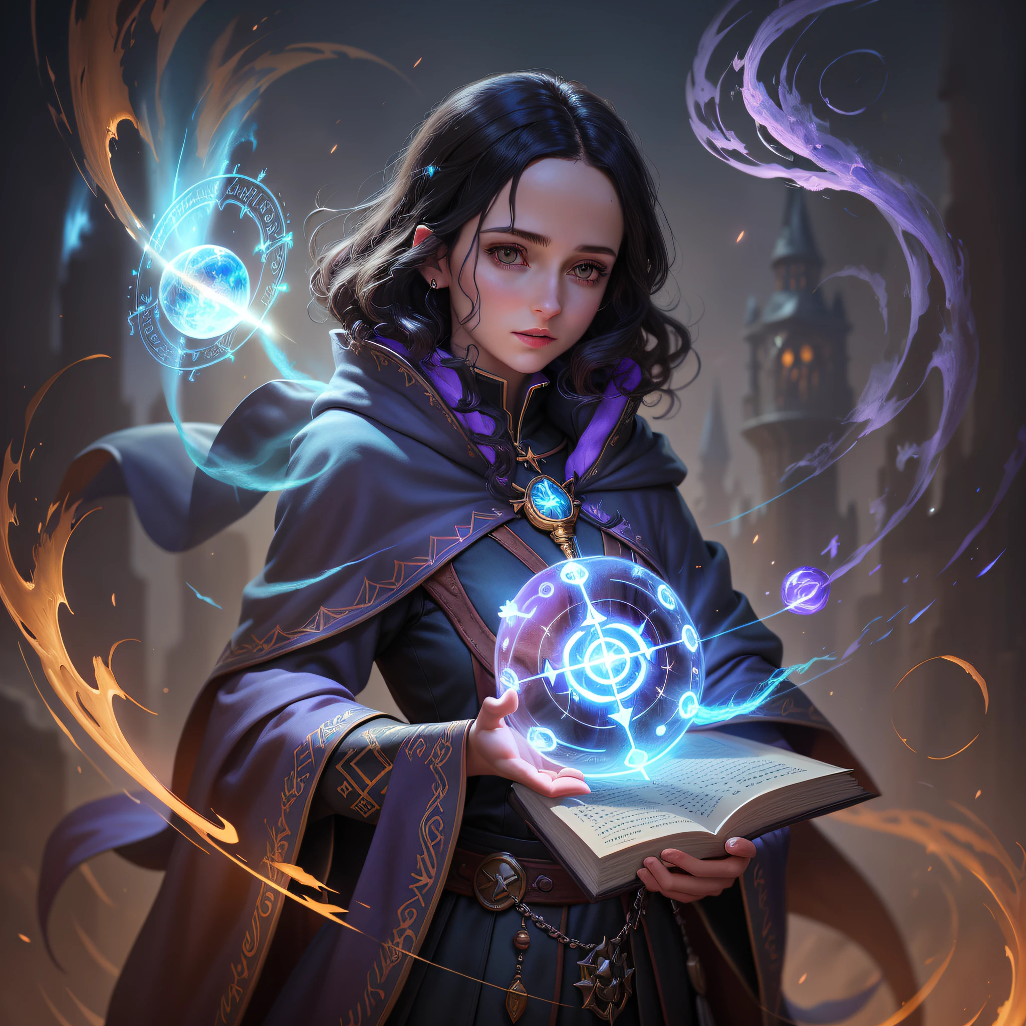 arafed image of a woman holding a book with a glowing orb, portrait of a mage, portrait of a female mage, female mage conjuring a spell, a young female wizard, epic mage girl character, black - haired mage, an arcane wizard casting a spell, fantasy mage, painted in the style arcane, holy fire spell art, rpg book portrait