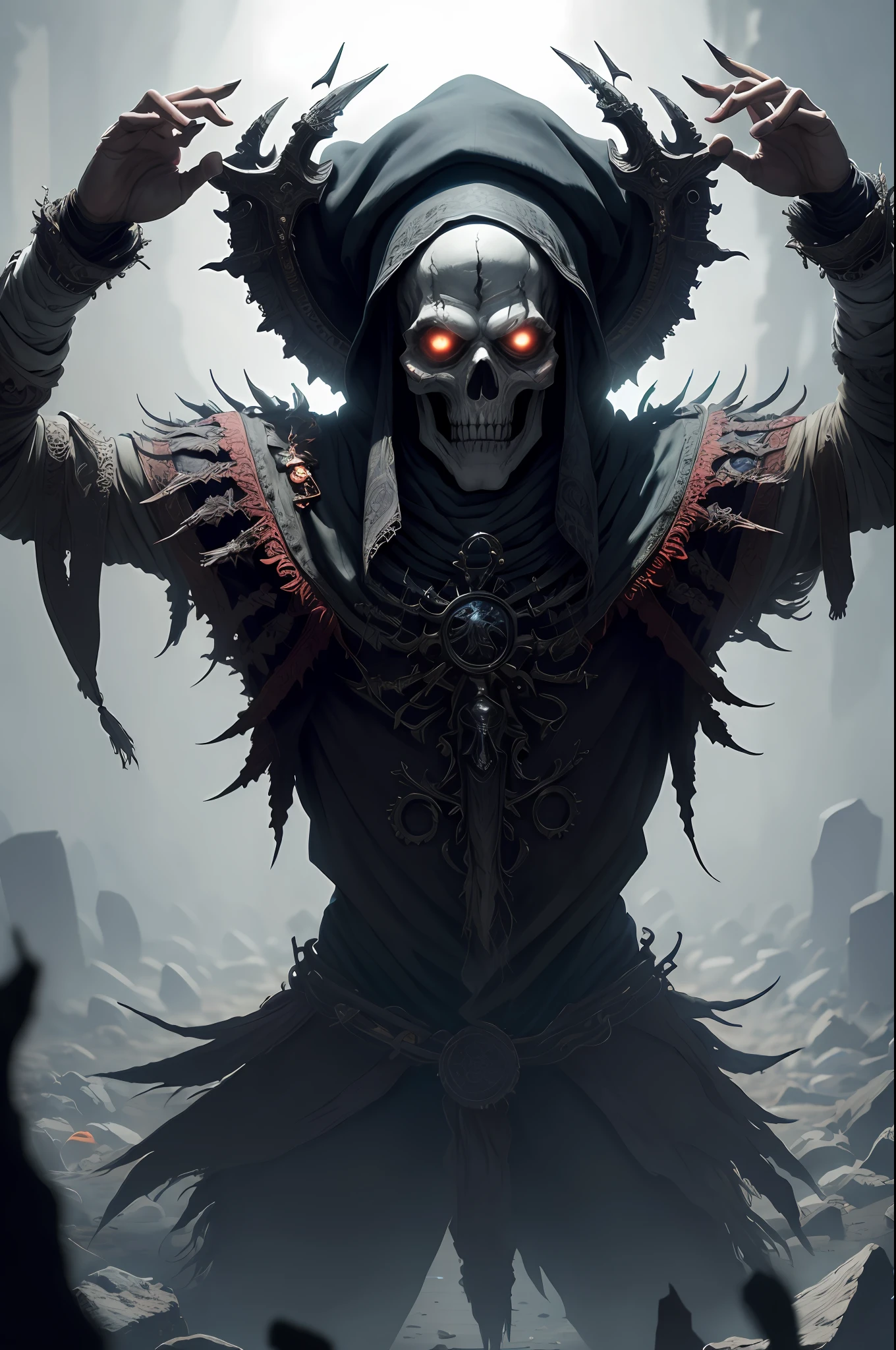 "A highly detailed and intense depiction of a terrifying necromancer, mid-shot and dramatically captured in ultra-detailed 8k wallpaper, showcasing intricate complexity."