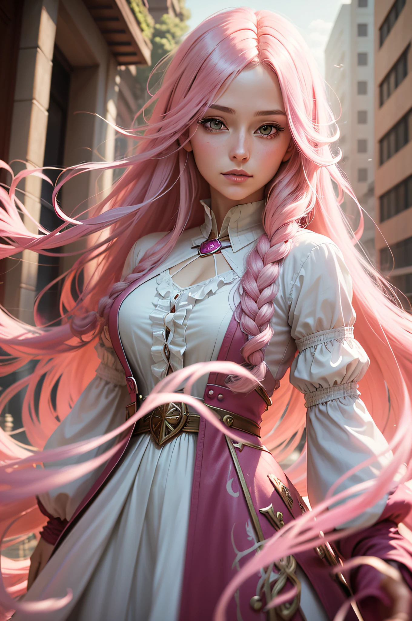 arafed woman with pink hair and a white blouse in a city, long flowing pink hair, flowing pink hair, beautiful fantasy art portrait, pink wispy hair, hyperrealistic fantasy art, beautiful fantasy portrait, long pink hair, beautiful fantasy art, epic fantasy art portrait, ross tran 8 k, long glowing ethereal hair, realistic fantasy artwork, beautiful character painting