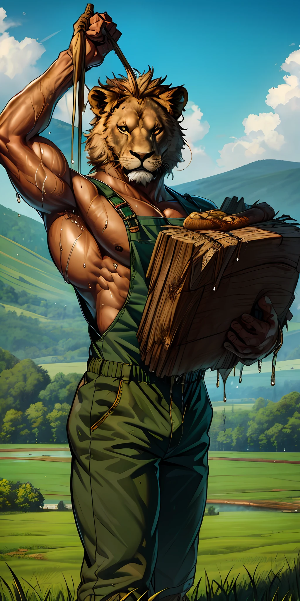 solo, (muscular anthro lion:1.5,shirtless:1.1),determined expression,holding a large log,(sweat:1.4) dripping over his heating body,overalls,working hard,green pastures,wide farmland,joyful country life,strong build, hot sunshine,rippling muscles, (wet:1.6)