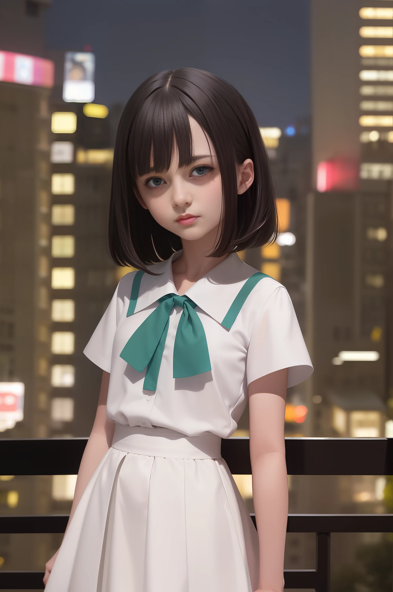 masterpiece, best image quality, black hair, blue eyes, looking up, upper body, thin transparent white shirt with collar, uniform, textured face, stiff stance, high school girl on the roof of a building, very detailed Japan city roof night view background, night view, standing with rooftop railing, overlooking the city, with PARCO sign of the next building in the background, shading, light awn, watercolor style, one high school girl surrounded by night view on the roof of the building, Pointed, ultra high definition face, perfect symmetrical face, detailed eyes, neat thin soft cloth green skirt, random hairstyle short hair, green ribbon tie, (8K, RAW, professional, top quality, masterpiece: 1.2), (realistic, photorealistic: 1.37), super detailed, (portrait), (highest detail skin: 1.2), ( Highest Detail Face: 1.2), Cinematic Lighting