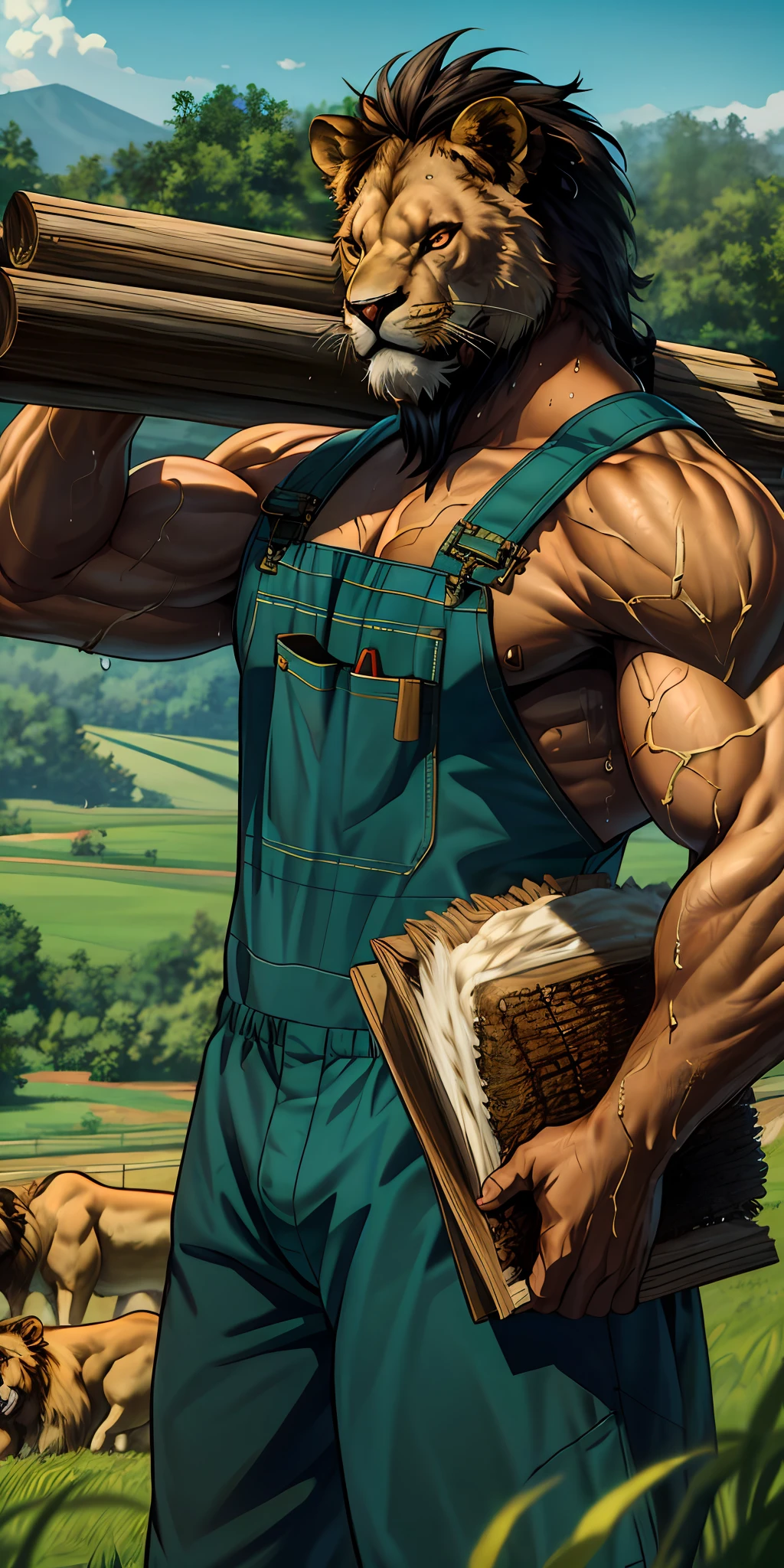 solo, (muscular anthro lion:1.5,shirtless:1.1),determined expression,holding a large log,(sweat:1.4) dripping over his heating body,overalls,working hard,green pastures,wide farmland,joyful country life,strong build, hot sunshine,rippling muscles