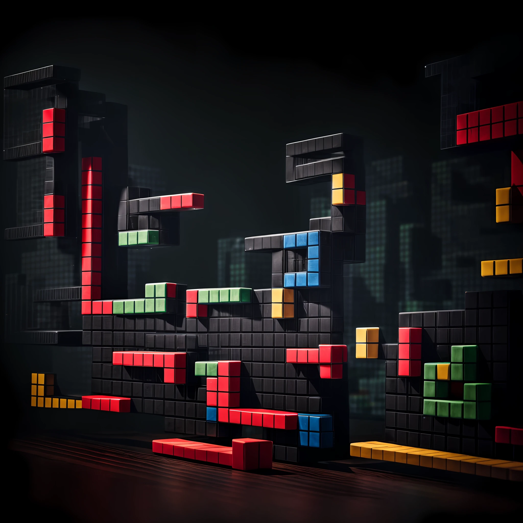 (((Tetris blocks))), buildings, fallen from the sky at night, new york new york, ray tracing, best quality, (best quality:1.25), (detailed:1.25), (award winning masterpiece :1.25), an extremely delicate and beautiful, realistic, photograph, low key, incredibly_absurdres, colorful, Depth of field realistic, cinematic lighting, intricate detail, lighting, Photo taken with Canon EOS 5D Mark4 and SIGMA Art Lens 35mm F1.4 DG HSM, F1.4, ISO 200 Shutter Speed 2000,((Photo style: Yoshiyuki Okuyama))