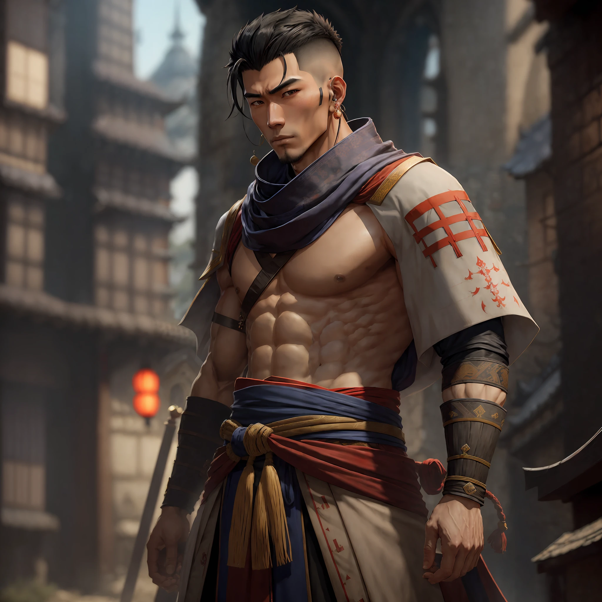 ((best quality)),((ultratailed)), ((masterpiece)), illustration, Scene structure: Japanese man, he is 1.73m tall, 23 years old, 75 pounds of body mass, with black hair shaved from the sides, hoop earring on the ear. He has an athletic body. He has two daggers, with kingdom and medieval buildings behind him. Immediate composition: Japanese ninja, medieval scarf without armor, athletic body, medieval landscape, Substance 3D, Octane rendering, (hdr: 1.3) --auto --s2