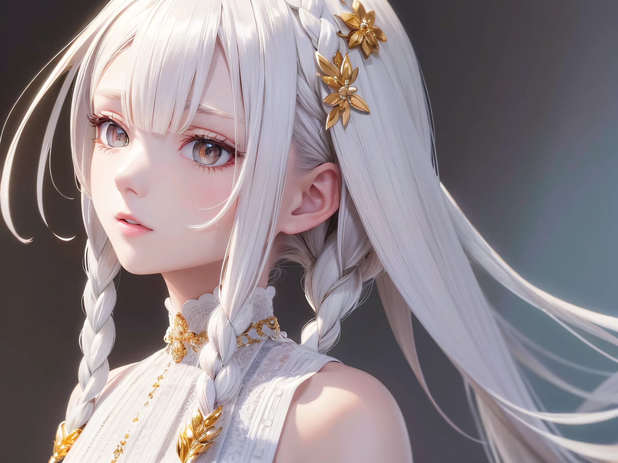 best quality, masterpiece,white hair, gold eyes,white clothes, looking up, upper body,hair strand,Fair skin,side braids