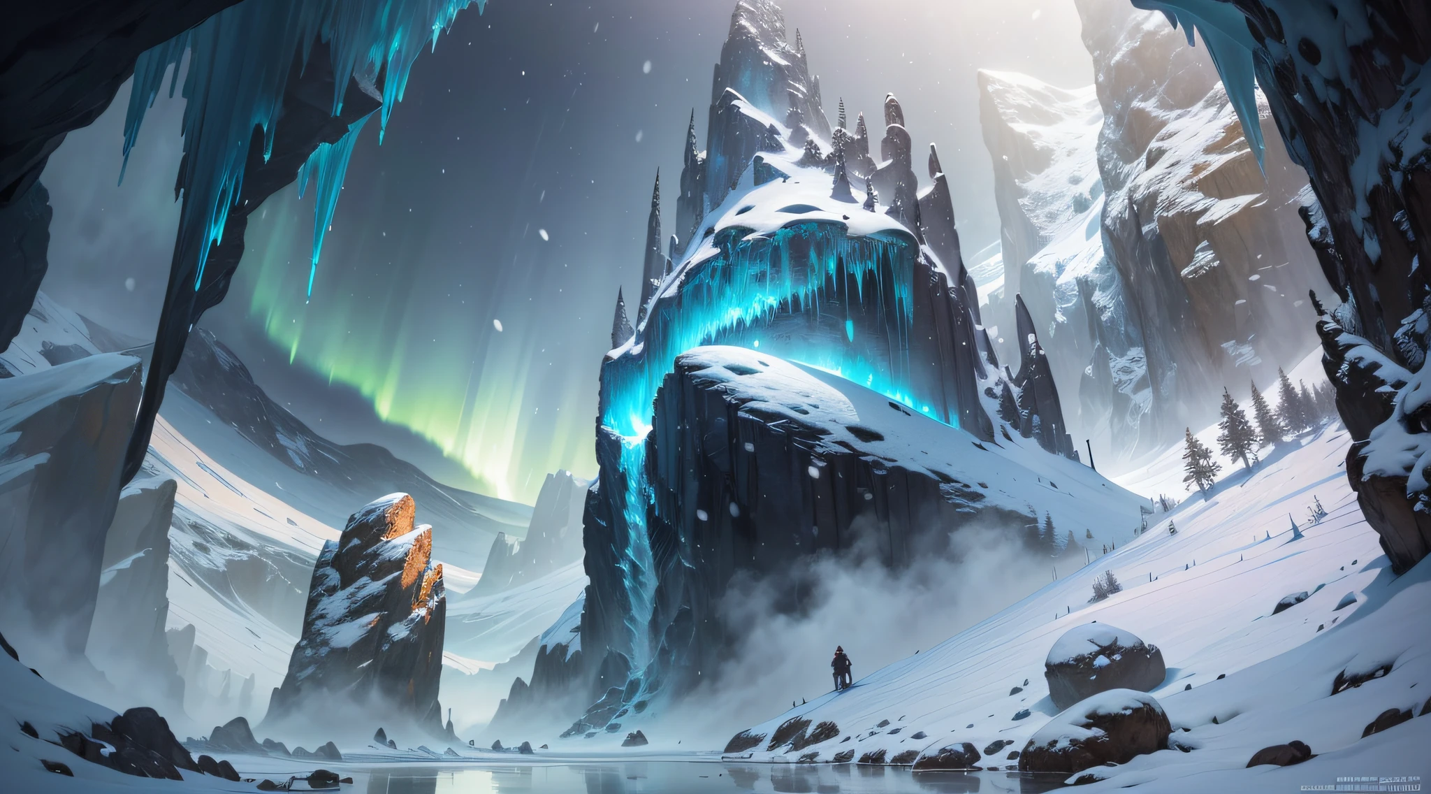 (highly detailed RAW color photo, masterpiece, ultra detailed), The cover features a backdrop of ice and snow, with a deep cave in the center. The faint and mysterious light radiates from the entrance of the cave, creating an enigmatic atmosphere. Around the cave, there are ancient symbols carved into the ice, suggesting the presence of an ancient and powerful creature. The image conveys the mystery and tension of the impending awakening, (aurora borealis:1.1), (fog: 1.7) (rain: 1.2) (snowing:1.3) (winter: 1.9) (masterpiece: 1.2) (illustration: 1.1) (best quality: 1.2) (detailed) (intricate) (8k) (HDR) (wallpaper:1.3) (cinematic lighting) (sharp focus) (photography, soft sky lighting, soft details, artstation trend, ultra high detail, ultra realistic, cinematic, 16k, digital art, Dungeon and Dragons-inspired art)