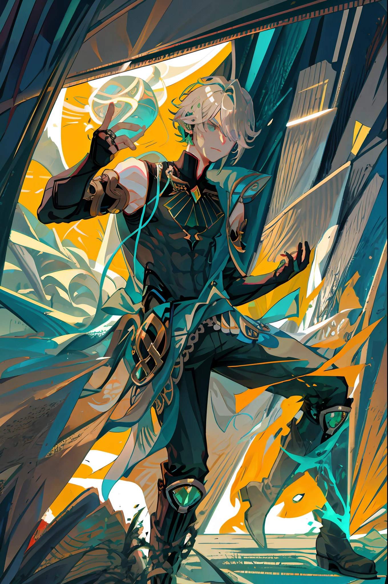 masterpiece, best quality,alhaitham\(genshin impact\), 1boy, male focus, shirt, solo, gloves, sleeveless shirt, grey hair, green eyes, sleeveless, ahoge, black shirt, bangs, hair over one eye, black gloves, indoors, sanctuary, fingerless gloves, black pants, pants, swept bangs, boots, bare shoulders, short hair, elbow gloves,(kbxll:0.6), open hands, muscles
