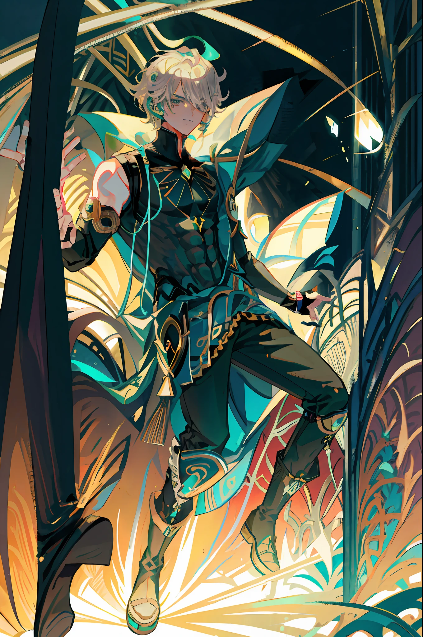 masterpiece, best quality,alhaitham\(genshin impact\), 1boy, male focus, shirt, solo, gloves, sleeveless shirt, grey hair, green eyes, sleeveless, ahoge, black shirt, bangs, hair over one eye, black gloves, indoors, sanctuary, fingerless gloves, black pants, pants, swept bangs, boots, bare shoulders, short hair, elbow gloves,(kbxll:0.6), open hands, muscles