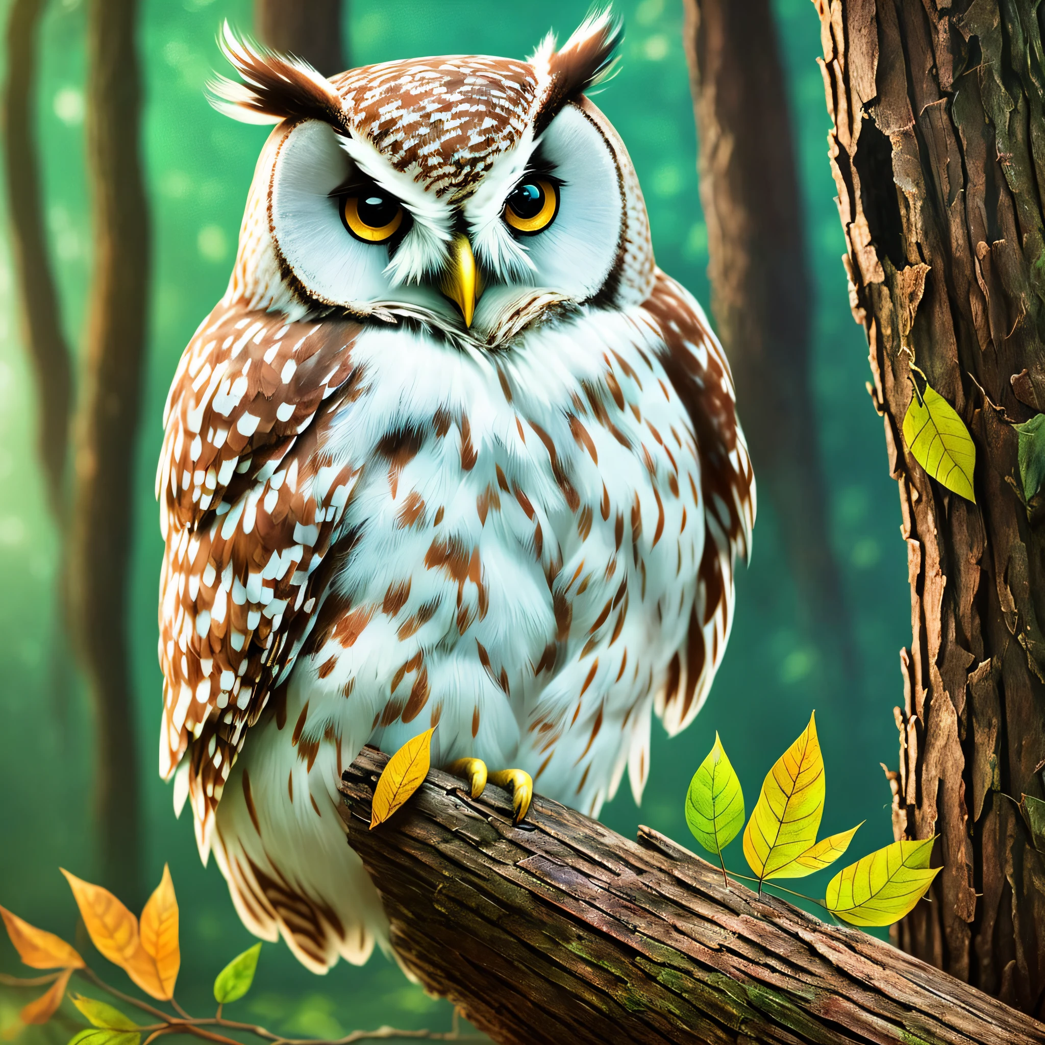 cartoon owl sitting on a log with leaves and a blue background, cute detailed digital art, adorable digital painting, cute digital art, cute owl, cute detailed art, highly detailed digital painting, owl mage, cute forest creature, highly detailed illustration, winner of art contest in behance, bright owl, epic digital art illustration, 4k detailed digital art, children's art in artstation, (ultra realistic, realistic and coherent, mixed art, photography, ultra realistic, looks realistic, a hyper realistic, very very realistic, incredibly realistic, 4 k, very realistic --auto --s2