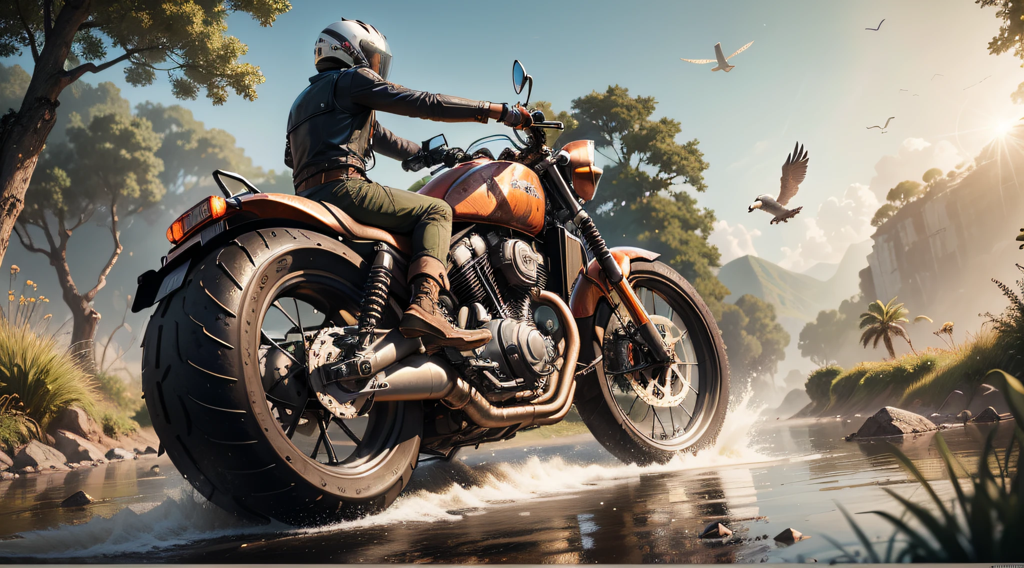 maximum quality, photorealism, 8k, film, high resolution, external, top view, lighting with sunny afternoon, (sunny afternoon: 1.2), southeast pacific, (high lighting: 1.2), man on his back on a motorcycle in the foreground, 8k, maximum quality, sees a gigantic robot of aged metal rusted and destroyed in the background, 8k, maximum quality, masterpiece, film, weapons, broken parts, gears thrown, water, humidity, lying on a plain, covered with plants and trees, (flying birds:1.2), waterfalls, streams, stones on the riverbank, metal with rustic texture, masterpiece, maximum quality, (afternoon:1.4), sunny afternoon, before sunset, general plan, light depth of field, lomography, maximum quality, beautiful, masterpiece, photorealism, 8k, realistic texture of high resolution, grain of film, Shot on a Canon EOS-1D X Mark III, 36mm lens, F/1.8, sharp focus