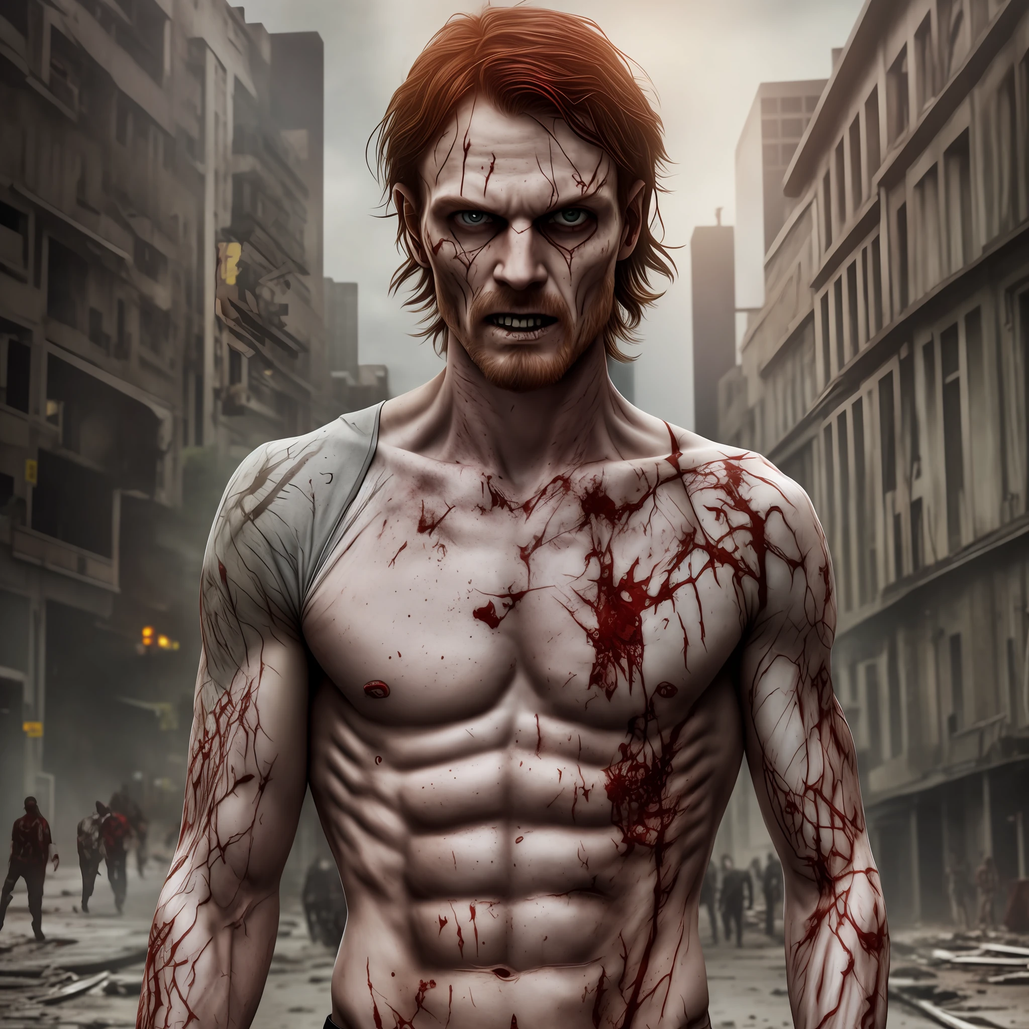 zombie, walking dead, dead alive, tales of crypto, facing camera, exposed fracture in arm, man, male, is in the middle of a populous city, all over the body, running clothes, well lit, UHD, HIRES, super detailed, broken arm, redhead, pale, milky eyes, very detailed, very realistic --auto --s2