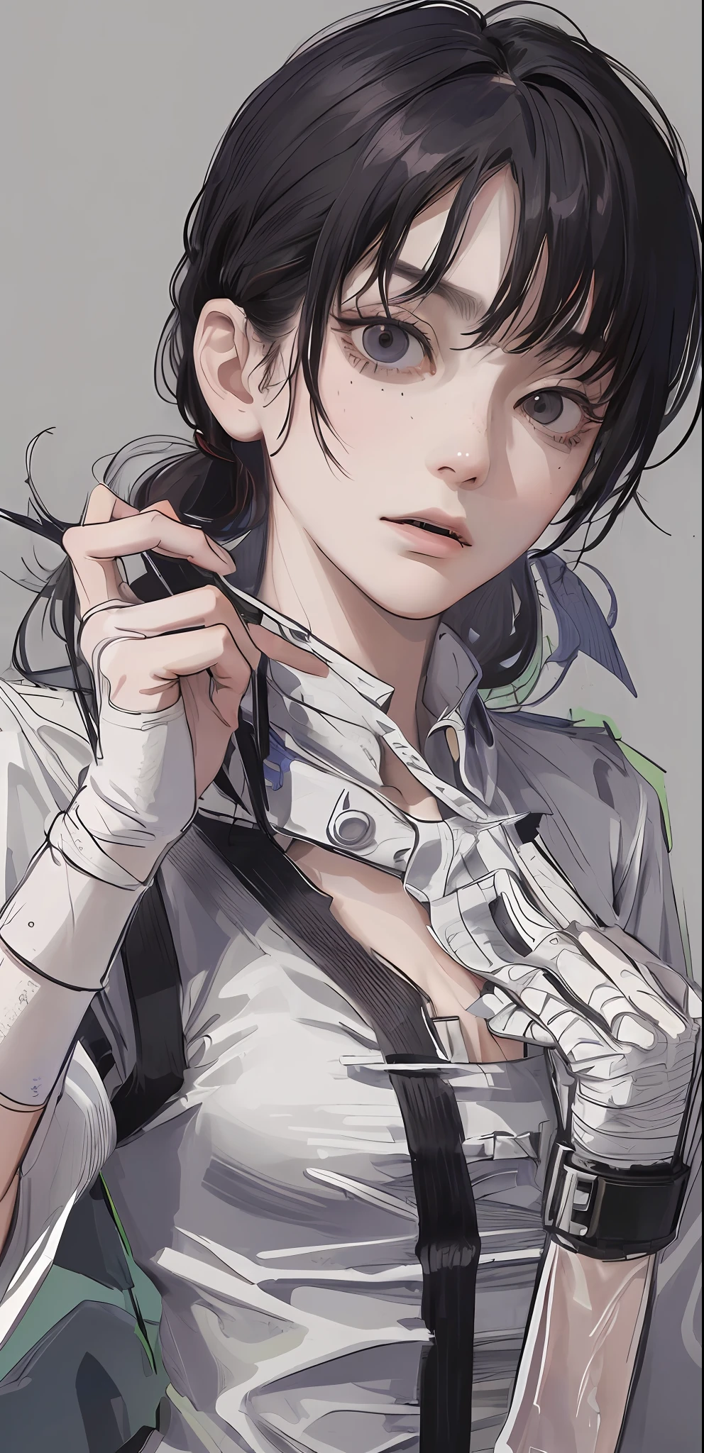 ((masterpiece, best quality)), (1girl), (solo), (female focus), Asa Mitaka \(chainsaw man\),(very detailed face, real image, realistic skin, realistic body, intricate details), upper body, dark eyes, bandages over the body, black hair, casual shirts, bandages, bandages, small breasts, landscape, Blur background