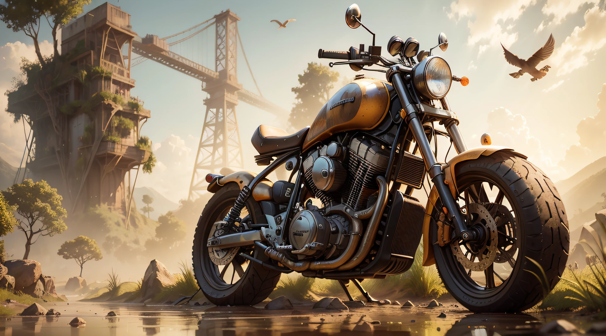 maximum quality, photorealism, 8k, film, high resolution, external, top view, lighting with sunny afternoon, (sunny afternoon: 1.2), southeast pacific, (high lighting: 1.2), man on his back on a motorcycle in the foreground, 8k, maximum quality, sees a gigantic robot of aged metal rusted and destroyed in the background, 8k, maximum quality, masterpiece, film, weapons, broken parts, gears thrown,  water, humidity, lying on a plain, covered with plants and trees, (flying birds:1.2), waterfalls, streams, stones on the riverbank, metal with rustic texture, masterpiece, maximum quality, (afternoon:1.4), sunny afternoon, before sunset, general plan, light depth of field, lomography, maximum quality, beautiful, masterpiece, photorealism, 8k, realistic texture of high resolution, grain of film,  Shot on a Canon EOS-1D X Mark III, 36mm lens, F/1.8, sharp focus