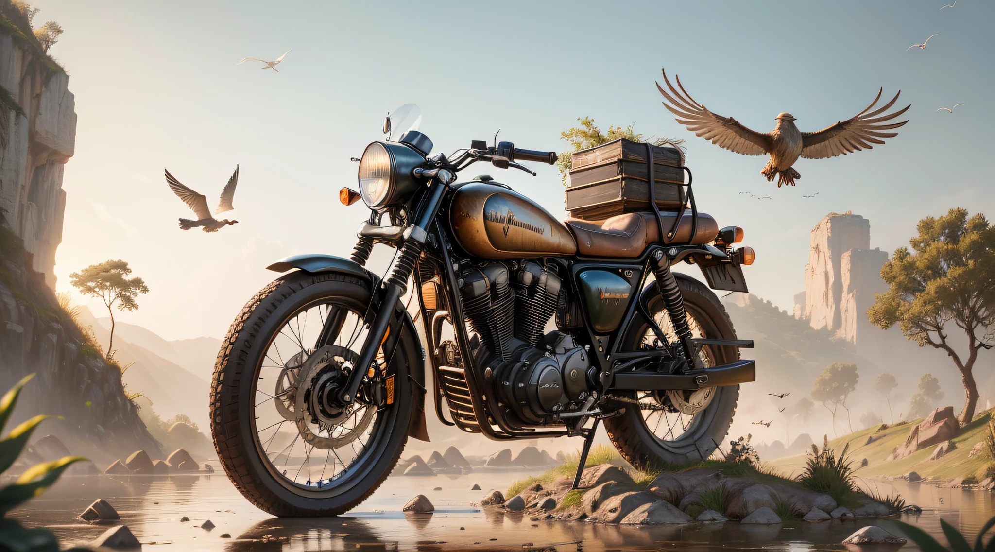 maximum quality, photorealism, 8k, film, high resolution, external, top view, lighting with sunny afternoon, (sunny afternoon: 1.2), southeast pacific, (high lighting: 1.2), man on his back on a motorcycle in the foreground, 8k, maximum quality, sees a gigantic robot of aged metal rusted and destroyed in the background, 8k, maximum quality, masterpiece, film, weapons, broken parts, gears thrown, water, humidity, lying on a plain, covered with plants and trees, (flying birds:1.2), waterfalls, streams, stones on the riverbank, metal with rustic texture, masterpiece, maximum quality, (afternoon:1.4), sunny afternoon, before sunset, general plan, light depth of field, lomography, maximum quality, beautiful, masterpiece, photorealism, 8k, realistic texture of high resolution, grain of film, Shot on a Canon EOS-1D X Mark III, 36mm lens, F/1.8, sharp focus
