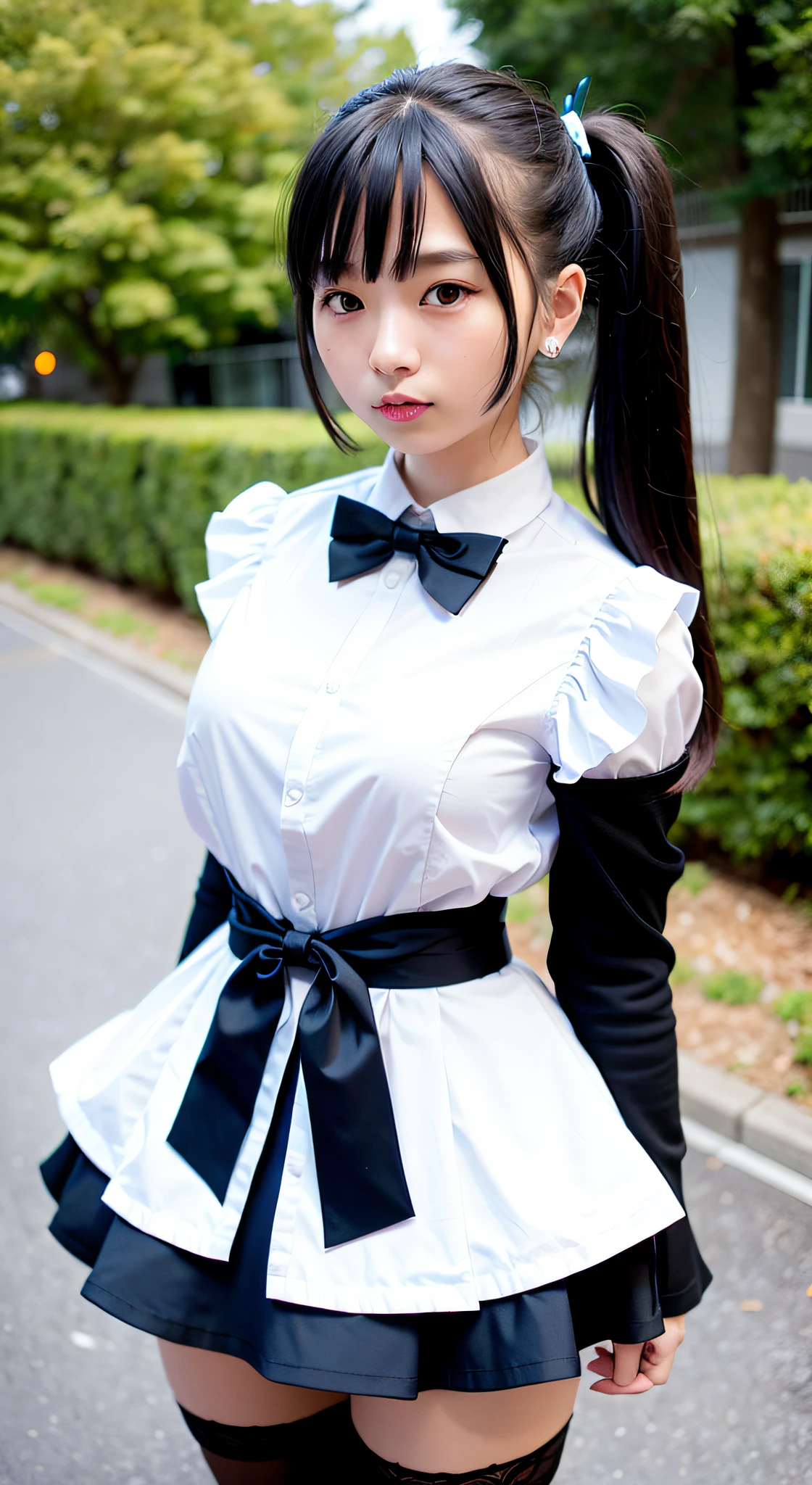 Realistic, Photorealistic, NSFW, solo, solo focus, outdoor, tokyo, street, mesugaki smile, (leaning forward:1.2), cinematic light, (finely detailed face and beautiful eyes:1.2), (masterpiece:1.5), (best quality:1.2), bow, skirt, black bow, kawaii eyes, twintails , thighhighs, bag, black hair, lace, cowboy shot, shirt, black footwear, jirai kei, black skirt, looking at viewer, black bowtie, bangs, long sleeves, bowtie, frills, ribbon, standing, clothing cutout, blue bow, hair ribbon, hair bow, long hair, choker, high-waist skirt , handbag, multicolored hair, white shirt, breasts, collared shirt, frilled shirt, ulzzang-6500