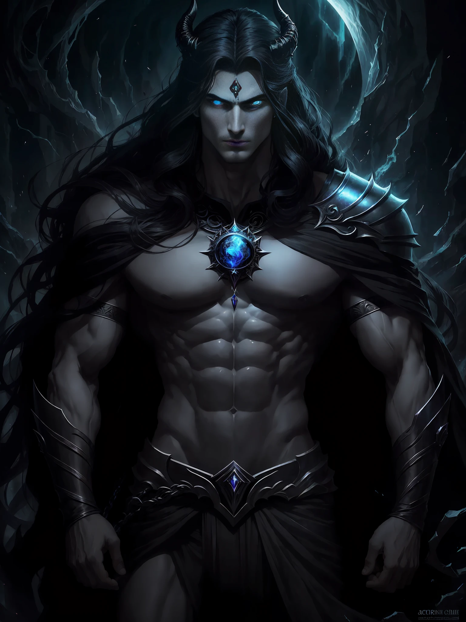 (Perfectly Detailed Eye Rendering), Create an image that depicts Hades, inspired by the book descriptions of the Hades and Persephone saga, written by Scarlett St. Clair. Hades is described as an imposing and seductive Greek god with a dark and powerful aura. He possesses a tall stature and a sculpted body, emanating strength and authority. Her black hair is long and dense, falling in seductive waves over her broad shoulders. His deep eyes are the most intense blue color, conveying a magnetic mystery. He has majestic black horns that curve elegantly around his head, further underscoring his divine nature. The expression on his face reflects a piercing gaze, full of power and knowledge of the dark world he rules. (His skin is pale), like the silvery light of the moon, contrasting with the gloomy scenery around him. In addition, Hades is depicted wearing elegant and majestic costumes, which perfectly match his imposing presence. Their appearance is a balance between beauty and power, attracting both admiration and awe. When creating the image of Hades, be sure to capture his dominant presence, the intensity of his gaze, and the combination of his dark and seductive features. The image should convey the strength and mystery that surrounds it, bringing to life this fascinating Greek god of the underground.