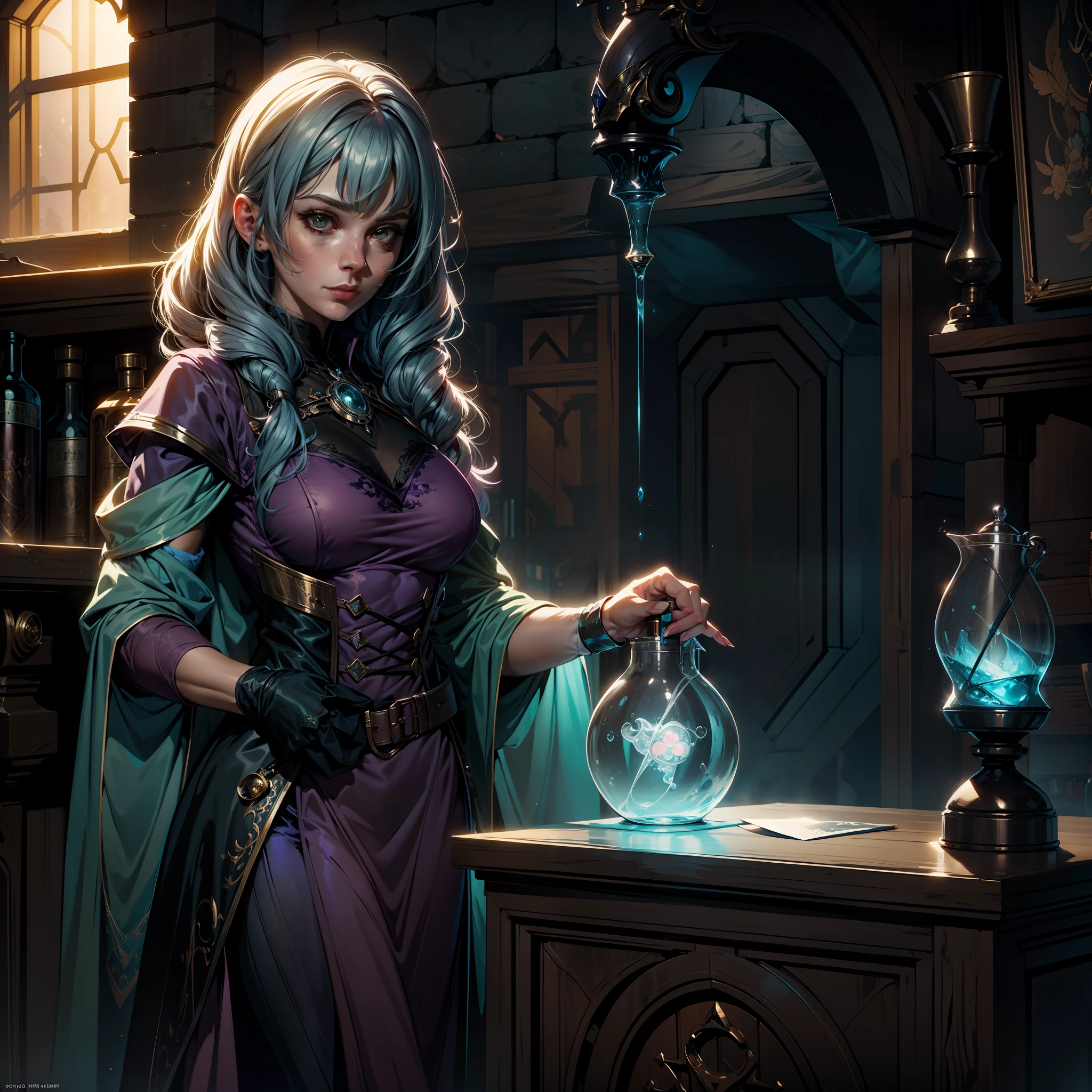 Extremely detailed really cute young woman potion mistress, magic, soft colors, soft tetrad colors, bubly, detailed alchemist room, cartoonish vector, volumetric lights, very detailed potions and alchemy laboratory scenery, 8k CG Unity wallpaper, in the style of Loish and Artgerm, best quality