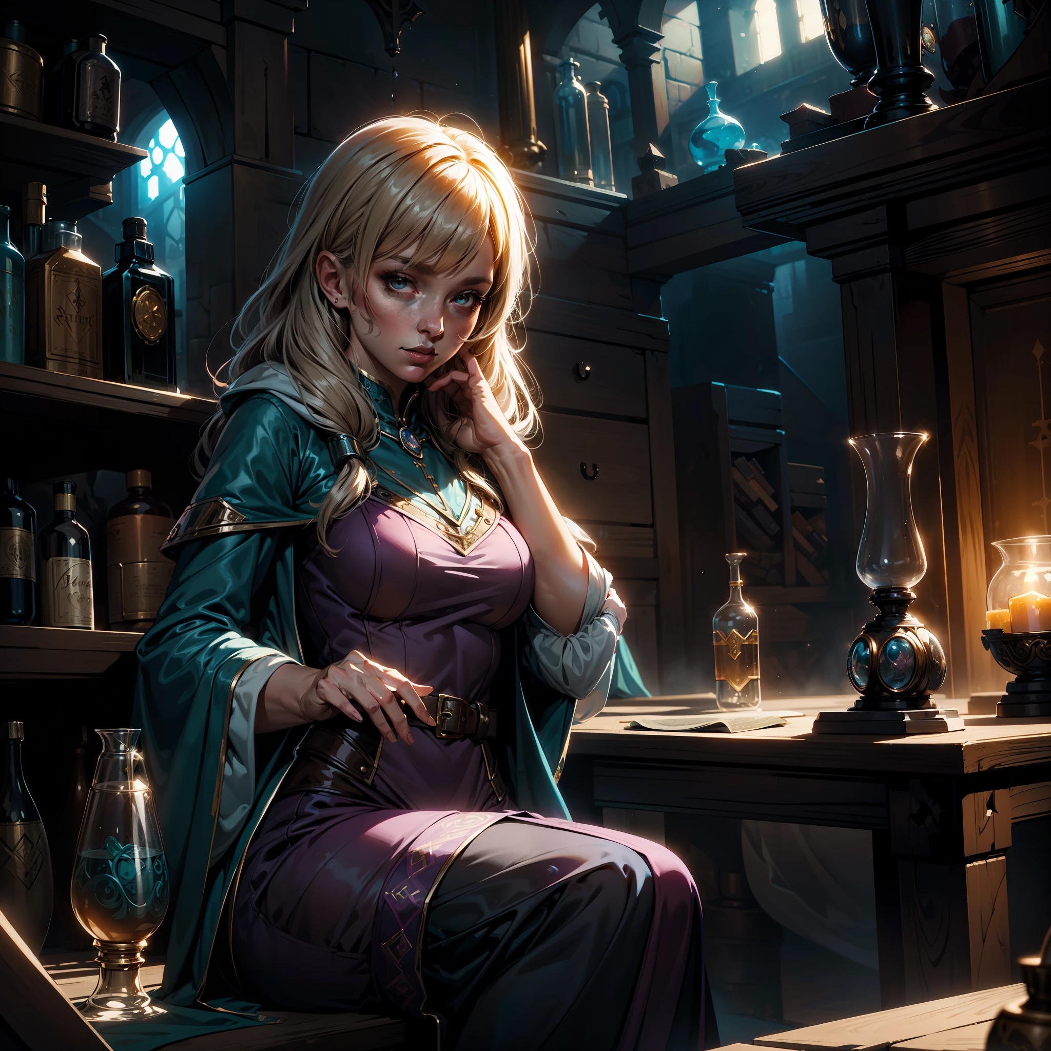 Extremely detailed really cute young woman potion mistress, magic, soft colors, soft tetrad colors, bubly, detailed alchemist room, cartoonish vector, volumetric lights, very detailed potions and alchemy laboratory scenery, 8k CG Unity wallpaper, in the style of Loish and Artgerm, best quality