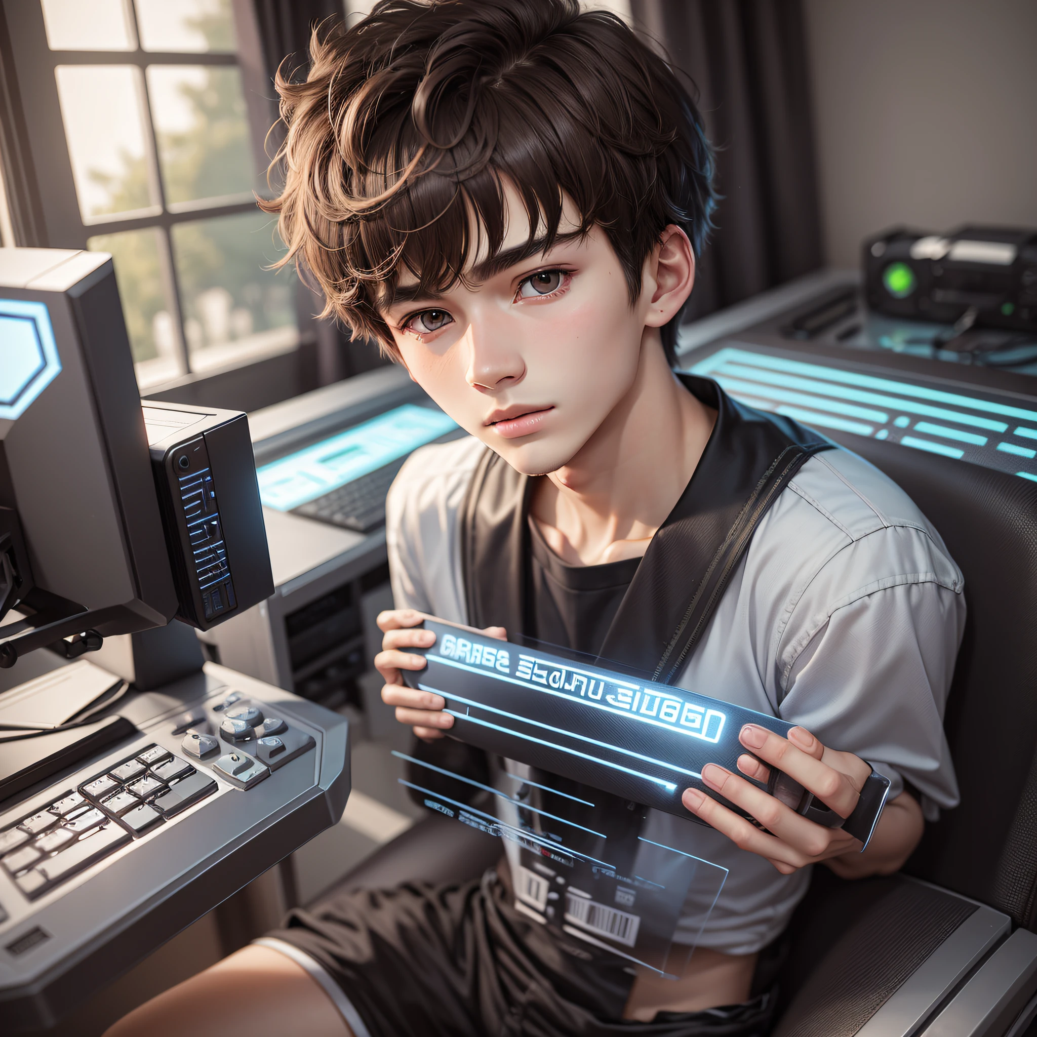 elhor quality, delicate face, 18 year old boy, gamer room, medium bangs hair, brown eyes, medium body --auto --s2