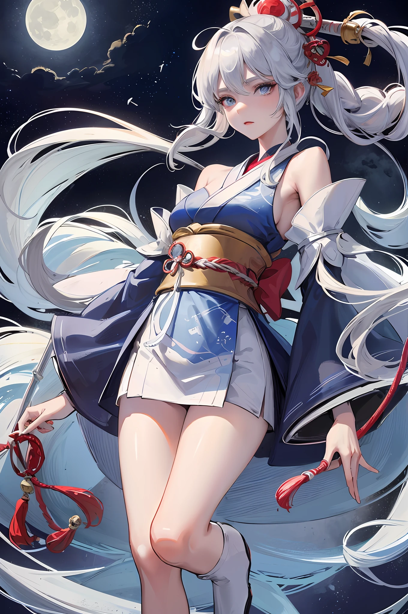 Tsukiyomi-dōjin, Tsukiyomi-zun, the incarnation of the moon, the supreme god of Japan, the deification of the ancient Japanese god and the moon. The ancestor of the Japanese emperor, the Japanese Shinto god, the sister of Amaterasu, the background is the Japanese Tsukiyo Shrine, ((petite and cute breasts)), sister, extremely lonely expression, majesty, daunting, (bloodthirsty), blue eyes, Japanese makeup, kneeling on the ground, shaping the cold atmosphere, moonlight shrouded in the earth, fair skin, long silver-white hair, moon tattoo on the breasts, sister, (blue and white sky feather, wide sleeves), clogs, white socks, perfect legs, simple belt, ( A large number of luxurious silver jewelry), (perfect flesh full of texture), cold rendering effect, jaw-dropping, captivating visual enjoyment, ((best quality), ((masterpiece)), maximum definition, 8K wallpaper, official art, multi-layered texture , super detailed, illustration, (super detailed face), (perfect face), clear texture, fine texture, Ultra HD detail display, Excellent image performance, high-quality illustration, perfectly fitting harmonious tones, deep lines, precise brush strokes, It has a strong sense of three-dimensionality and delicate wearing, wonderful color matching, and intricate details