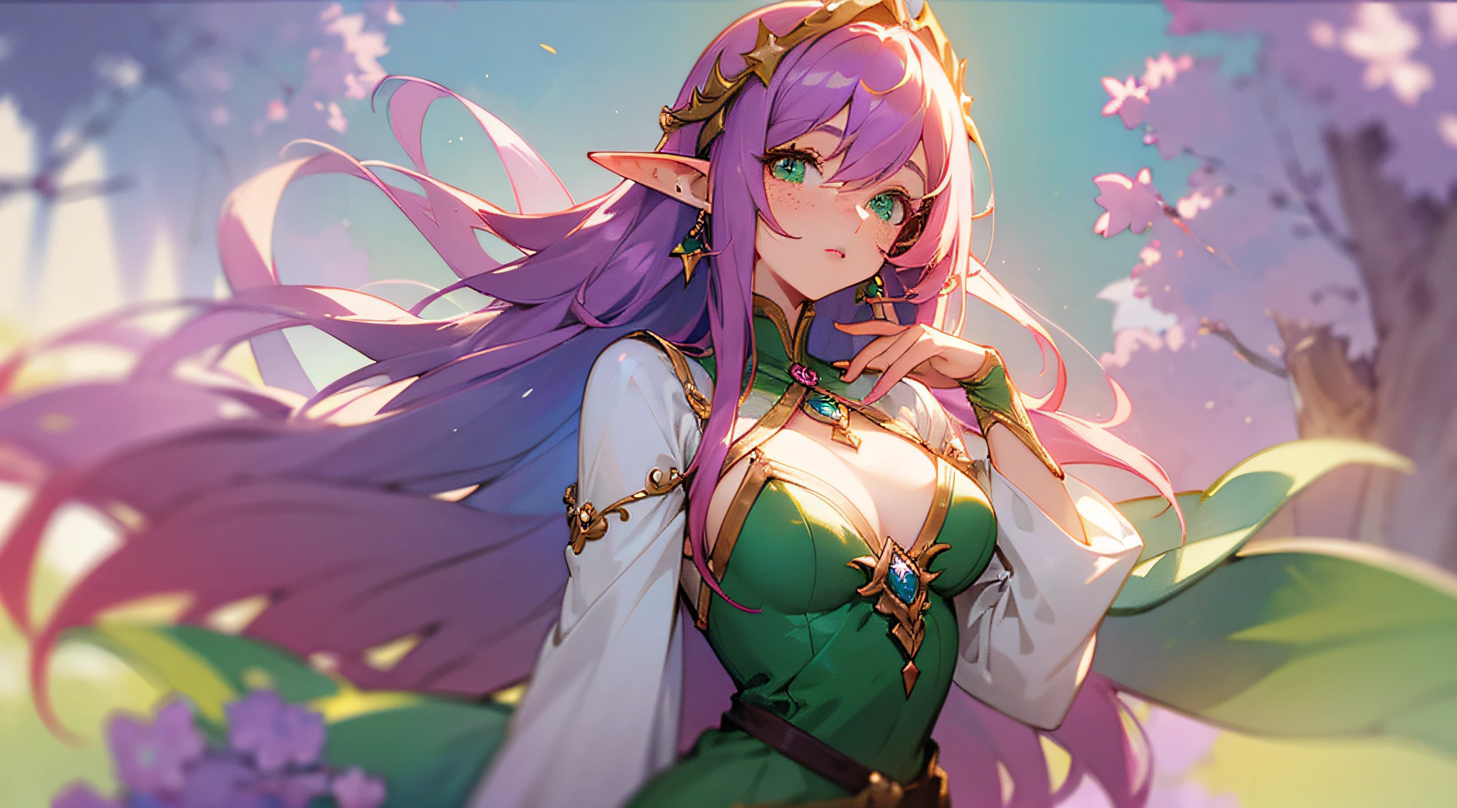 (watercolor: 1.2), elf princess, lilac flower, freckles, bangs, redhead, long hair, green eyes, hair between eyes, earrings, blurred background, high resolution, beautiful breasts, medium chest, full body --auto --s2