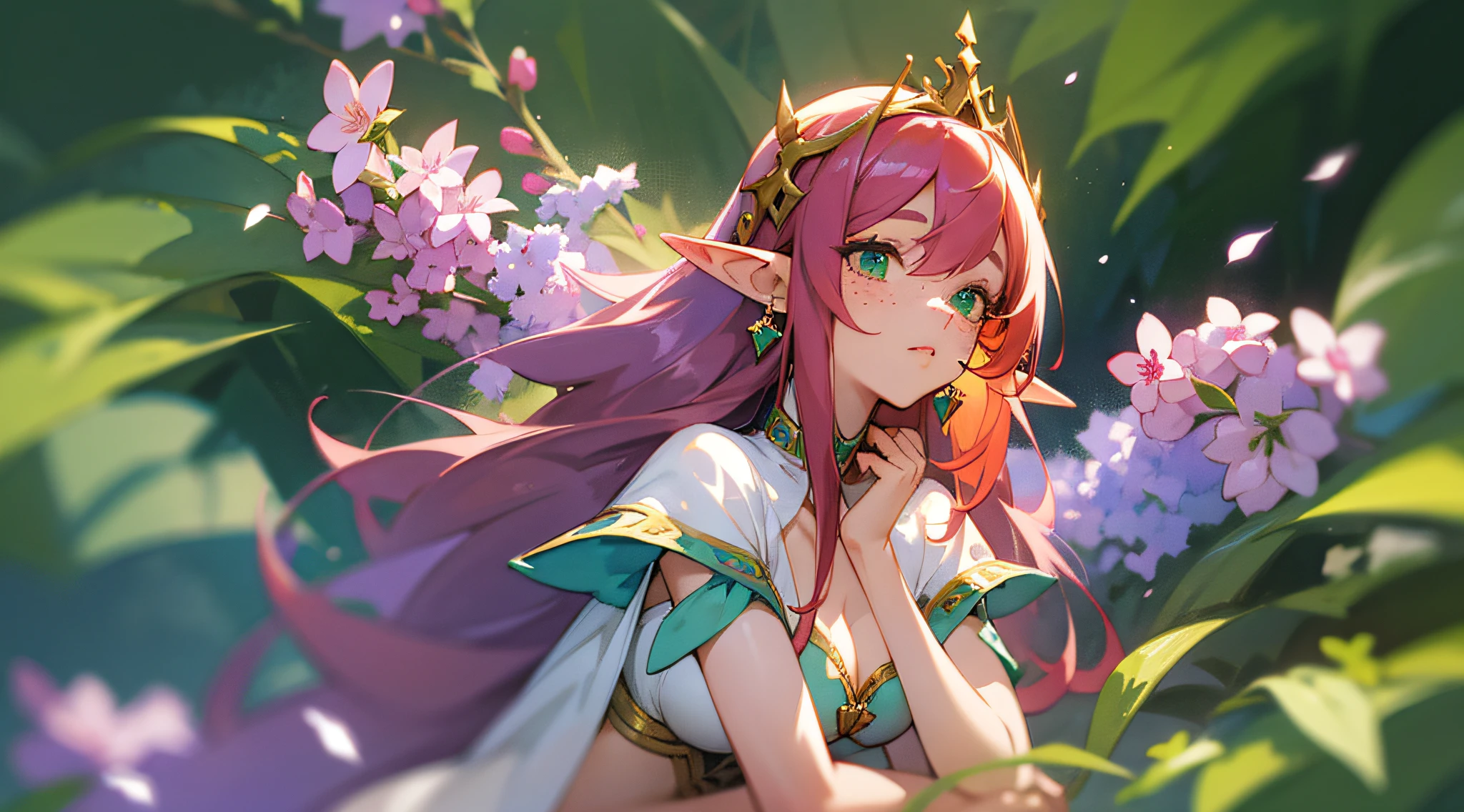 (watercolor: 1.2), elf princess, lilac flower, freckles, bangs, redhead, long hair, green eyes, hair between eyes, earrings, blurred background, high resolution, beautiful breasts, medium chest, full body --auto --s2