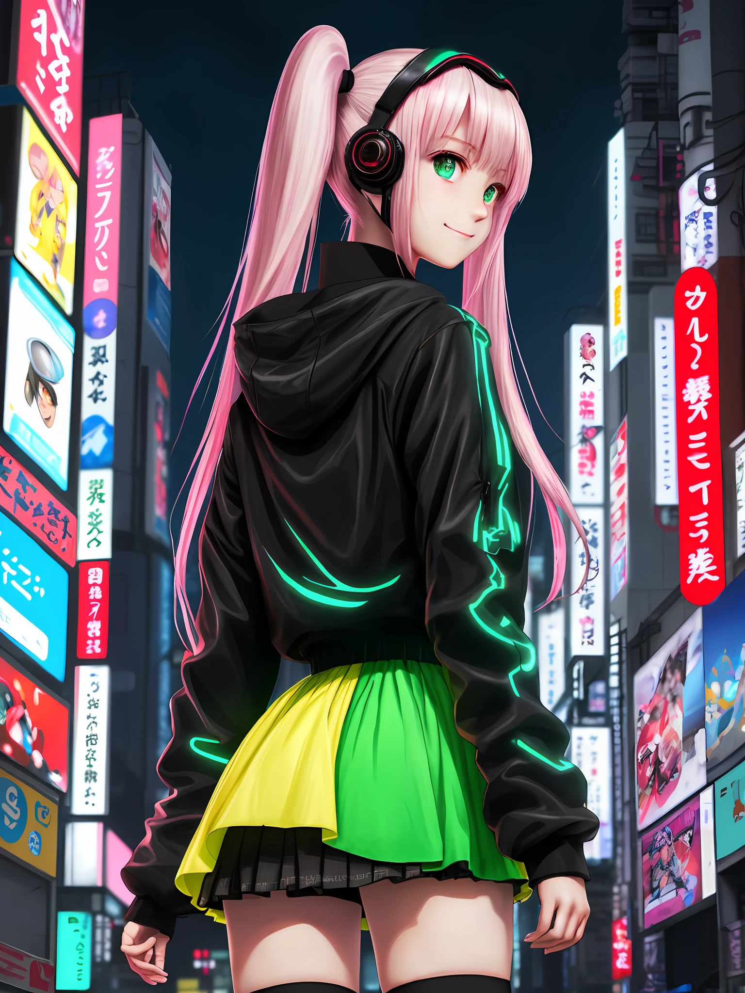 masterpiece, top quality, realistic, subsurface scattering, chromatic lighting, color, red + green + blue + yellow limited color palette, detailed concept diagram, cyberpunk, futuristic, 18 years old 1 woman, big soft breasts, open clothes, see-through jacket, anime face, big eyes, cyberpunk tokyo street, Japan beautiful girl, beautiful ass, angle from below, back view, Akihabara at night, One girl, white beautiful skin, moisturized pink lips, cute smile, no background person, futuristic electric town, long twin tails, gentle eyes, high school girl black mini skirt, VR goggles on the head, no pants, beautiful thighs, knee high socks, beautiful fingers, 8K, high quality anime, electrocity, miihi, Niziu, Miihi, digital contact lenses,