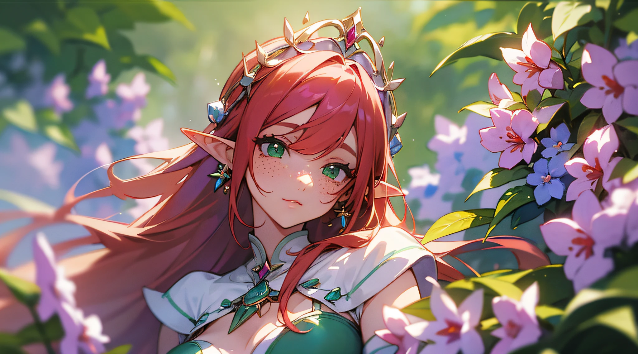 (watercolor: 1.2), elf princess, lilac flower, freckles, bangs, redhead, long hair, green eyes, hair between eyes, earrings, blurred background, high resolution, beautiful breasts, medium chest, full body --auto --s2