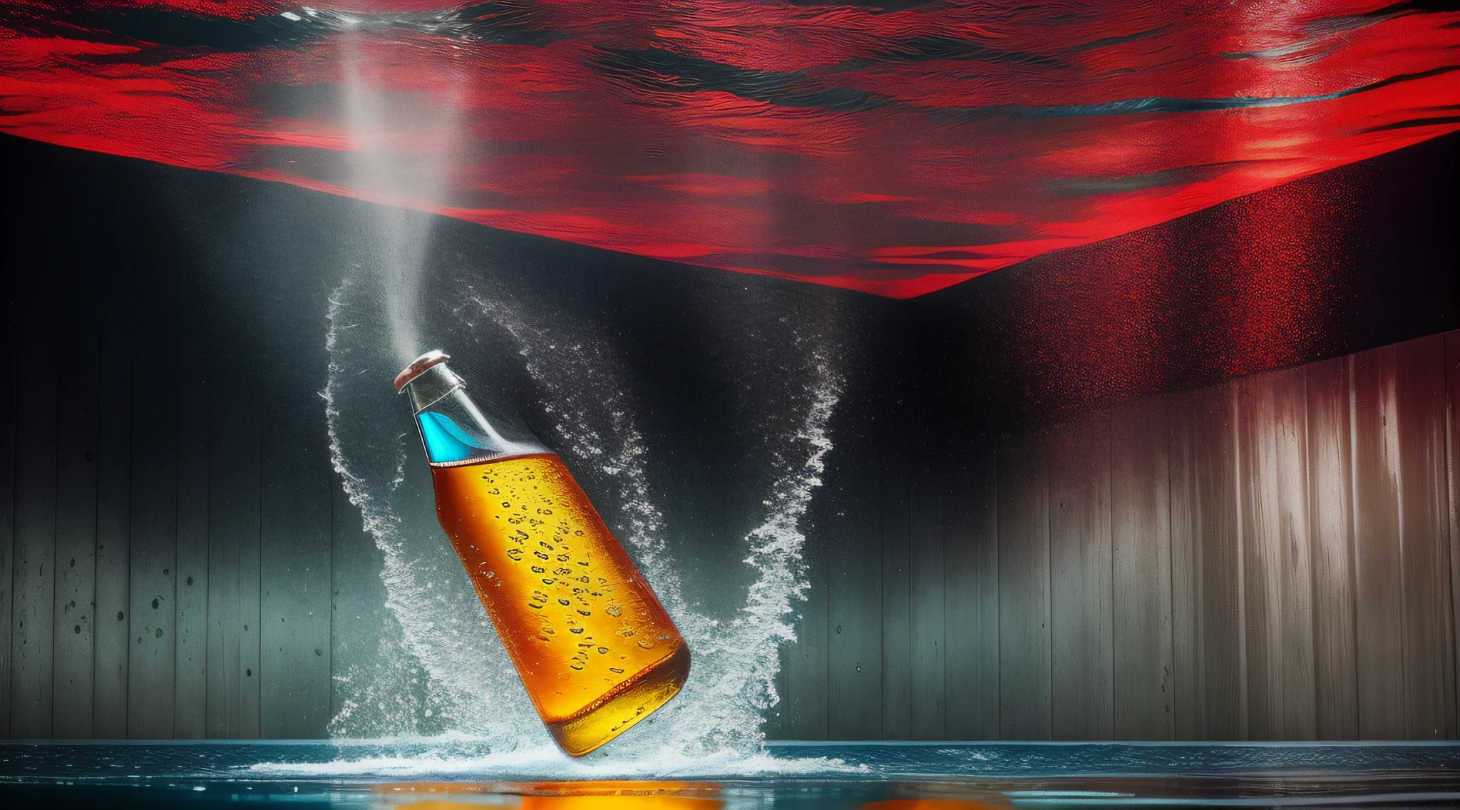 Film Still, a budwizer beer bottle floating in water in a music production room, Photoshop water manipulation, sinking underwater, beer ad, aquatic art manipulation, creative photo manipulation, photoshop aquatic art, surreal water art, floating liquid, realistic water, floating water, under visual distortion of water, Erik Johansson style,  partially sunk! No Lago!, Água no Chão, Água Art Photoshop, hyper detailed, realistic lighting, flares, shadows, environment with red, white and black colors